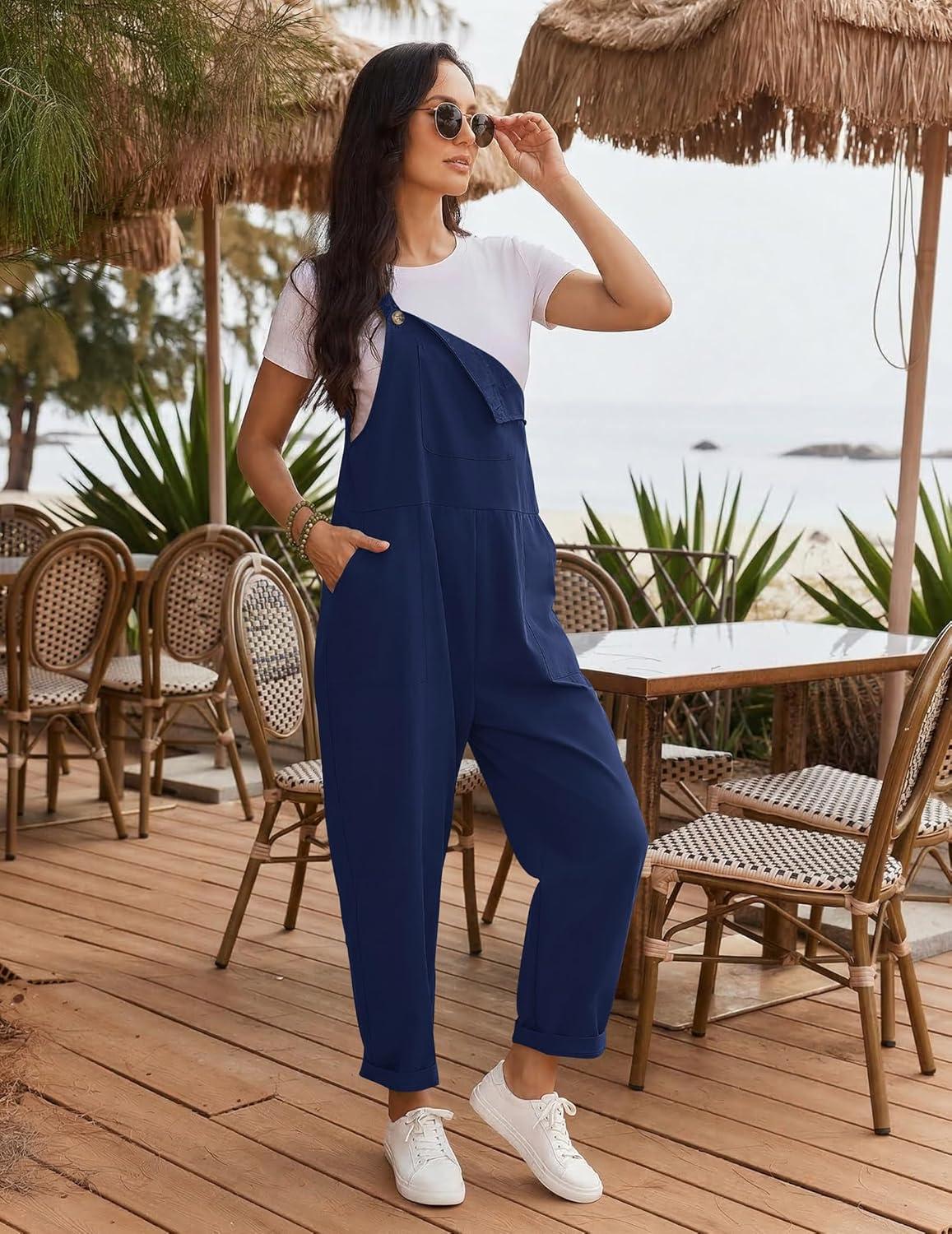 imageEkouaer Overalls for Women Baggy Bib Jumpers Casual Sleeveless Jumpsuits One Piece Long Pant Rompers with Pockets 2026Navy Blue