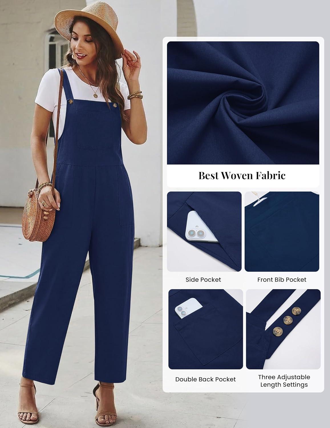 imageEkouaer Overalls for Women Baggy Bib Jumpers Casual Sleeveless Jumpsuits One Piece Long Pant Rompers with Pockets 2026Navy Blue