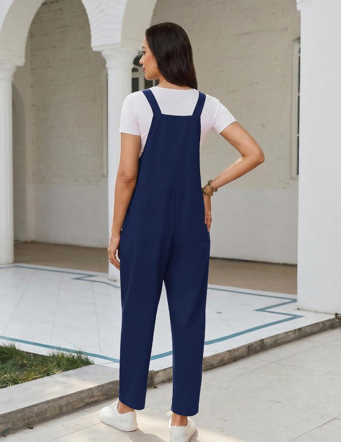 imageEkouaer Overalls for Women Baggy Bib Jumpers Casual Sleeveless Jumpsuits One Piece Long Pant Rompers with Pockets 2026Navy Blue