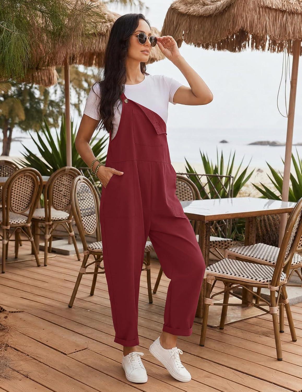 imageEkouaer Overalls for Women Baggy Bib Jumpers Casual Sleeveless Jumpsuits One Piece Long Pant Rompers with Pockets 2026Wine Red