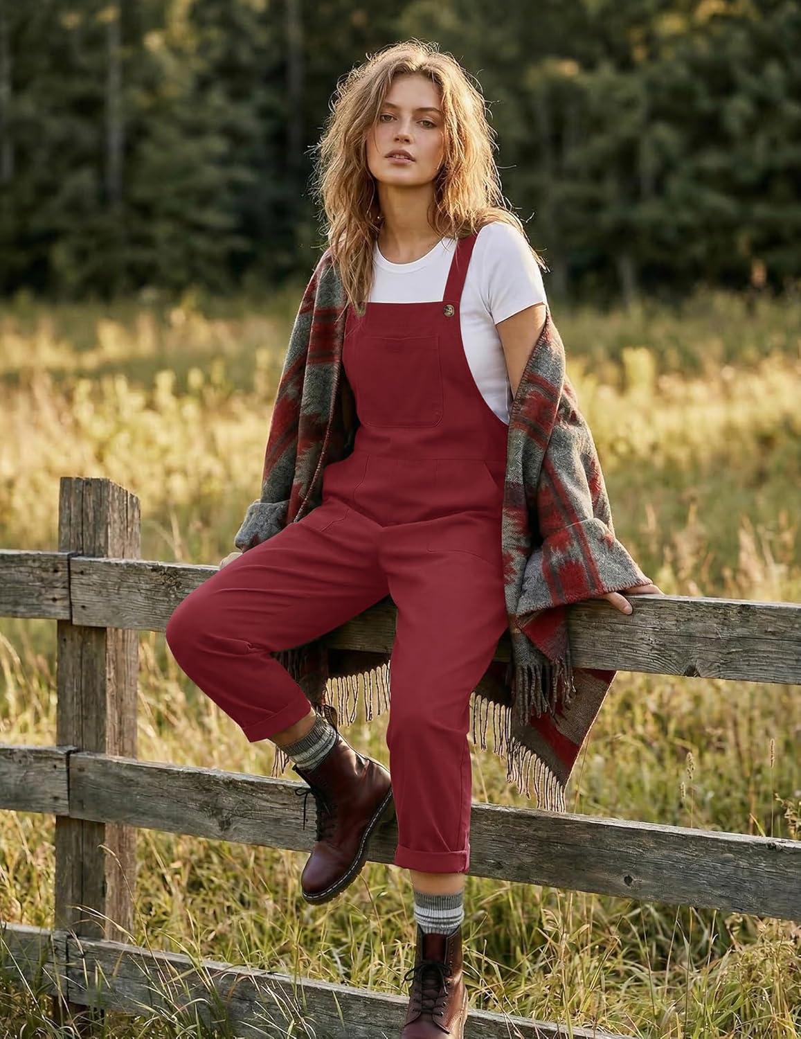imageEkouaer Overalls for Women Baggy Bib Jumpers Casual Sleeveless Jumpsuits One Piece Long Pant Rompers with Pockets 2026Wine Red