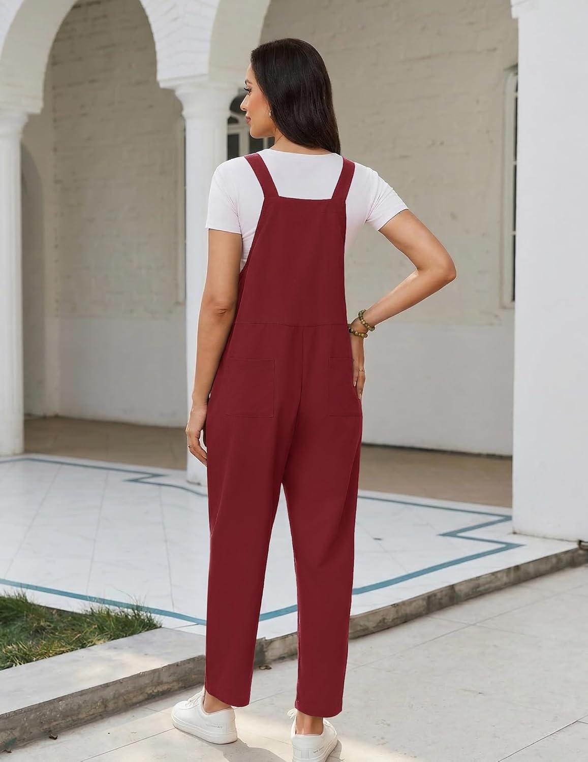 imageEkouaer Overalls for Women Baggy Bib Jumpers Casual Sleeveless Jumpsuits One Piece Long Pant Rompers with Pockets 2026Wine Red