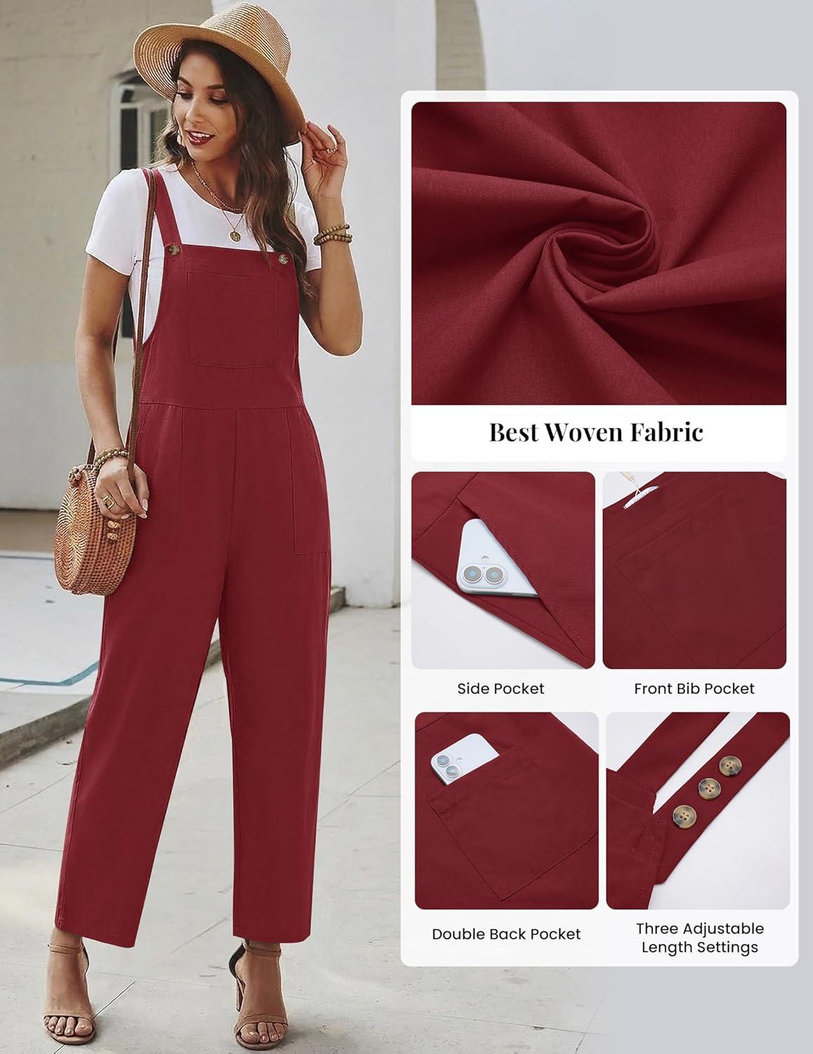 imageEkouaer Overalls for Women Baggy Bib Jumpers Casual Sleeveless Jumpsuits One Piece Long Pant Rompers with Pockets 2026Wine Red