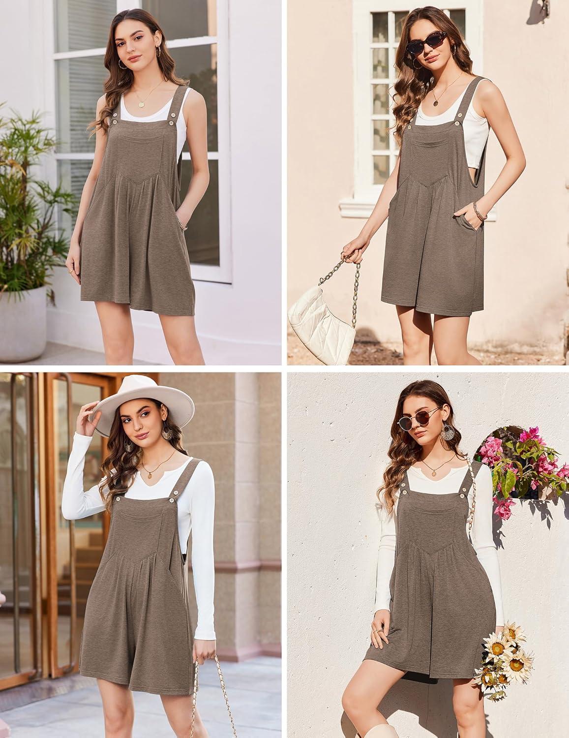 imageEkouaer Overalls for Women Summer Rompers Short Jumpsuits Flowy Loose Fit Casual Beach Outfits with PocketsBrown