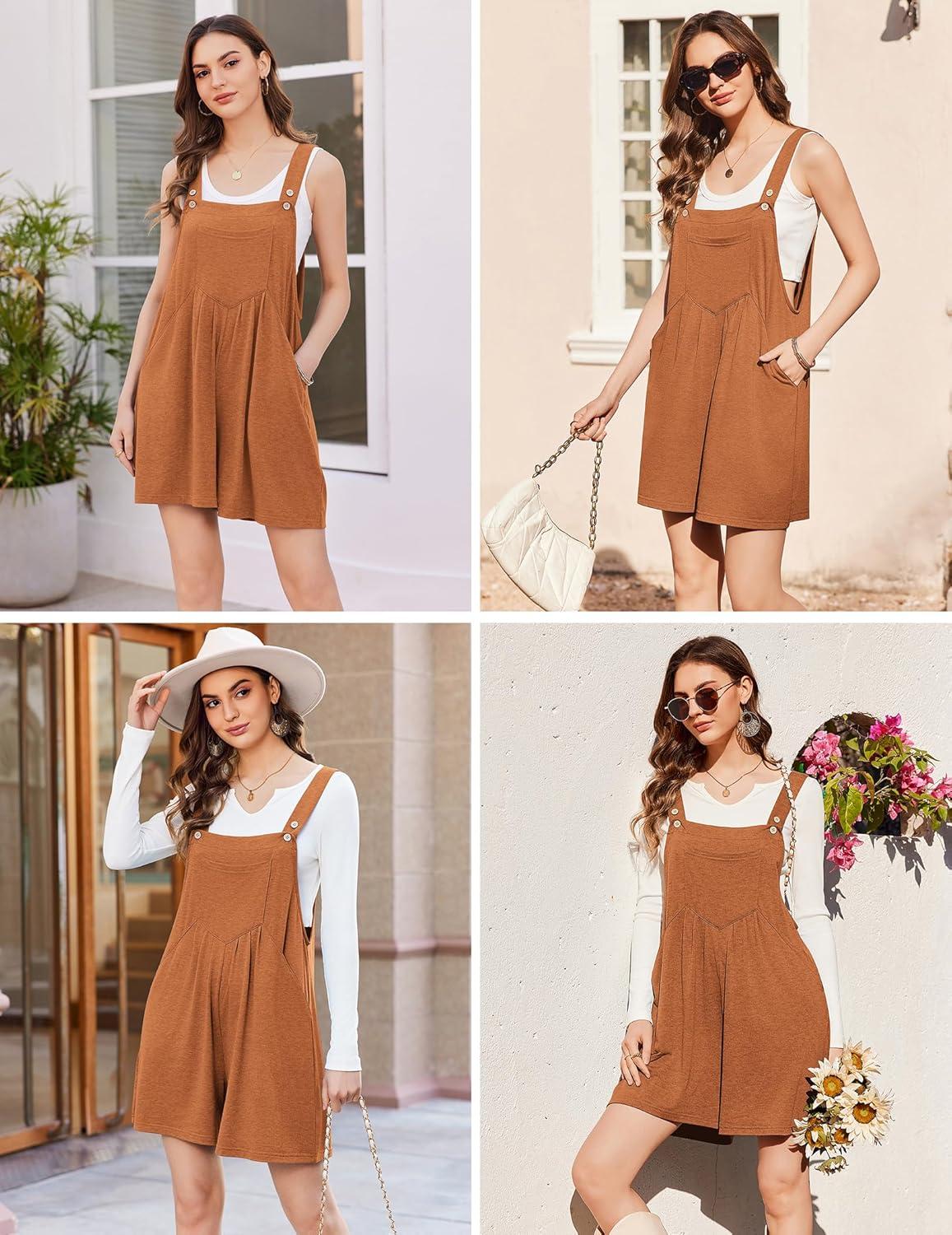 imageEkouaer Overalls for Women Summer Rompers Short Jumpsuits Flowy Loose Fit Casual Beach Outfits with PocketsCaramel