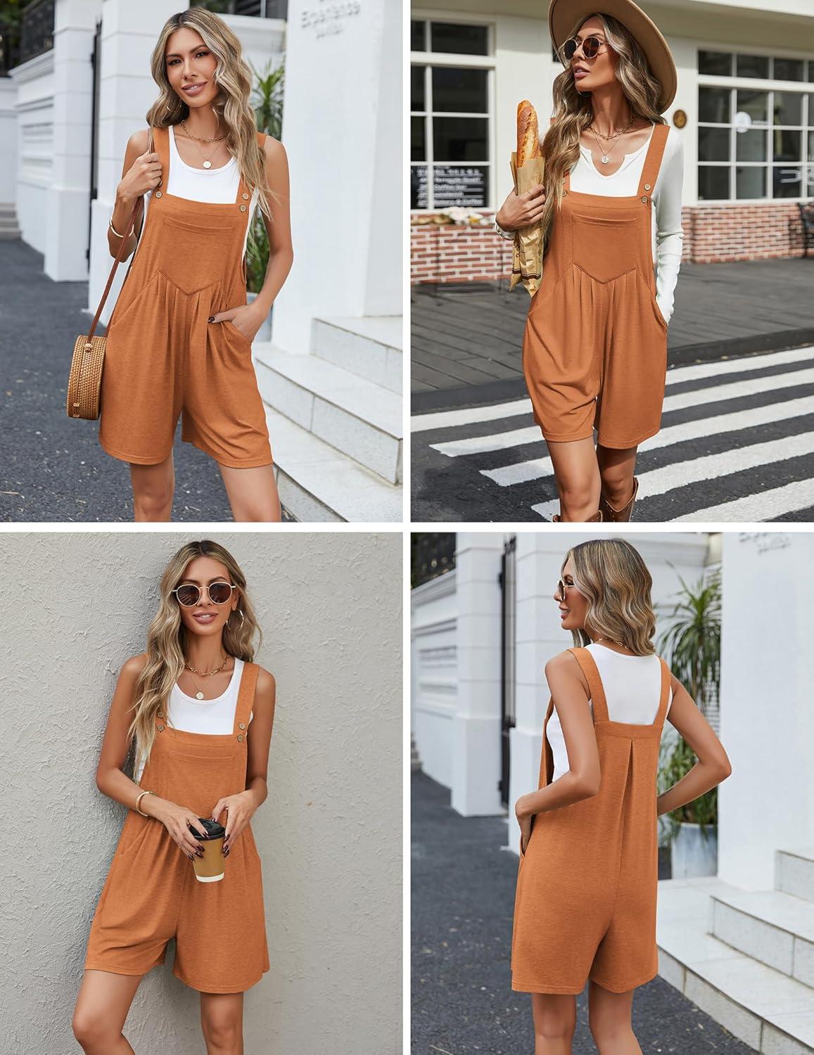 imageEkouaer Overalls for Women Summer Rompers Short Jumpsuits Flowy Loose Fit Casual Beach Outfits with PocketsCaramel