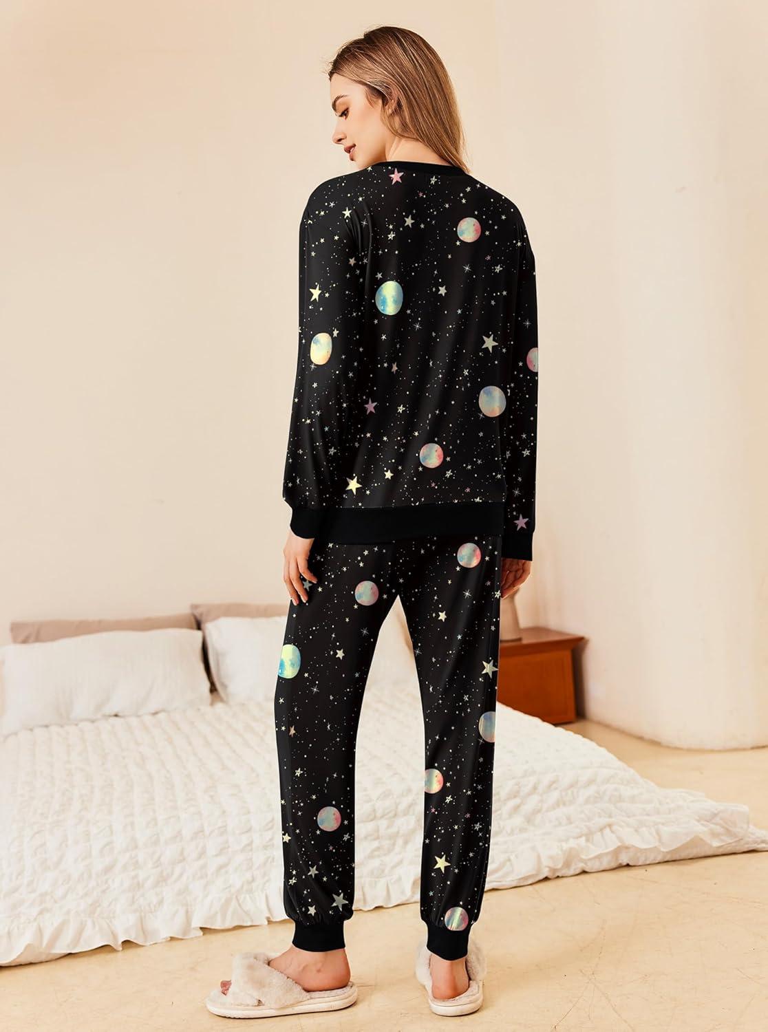 imageEkouaer Pajamas Set Long Sleeve Pj Sets 2 Piece Jogger Pajama Sets Soft Sleepwear Loungewear for WomenBlack Night Sky