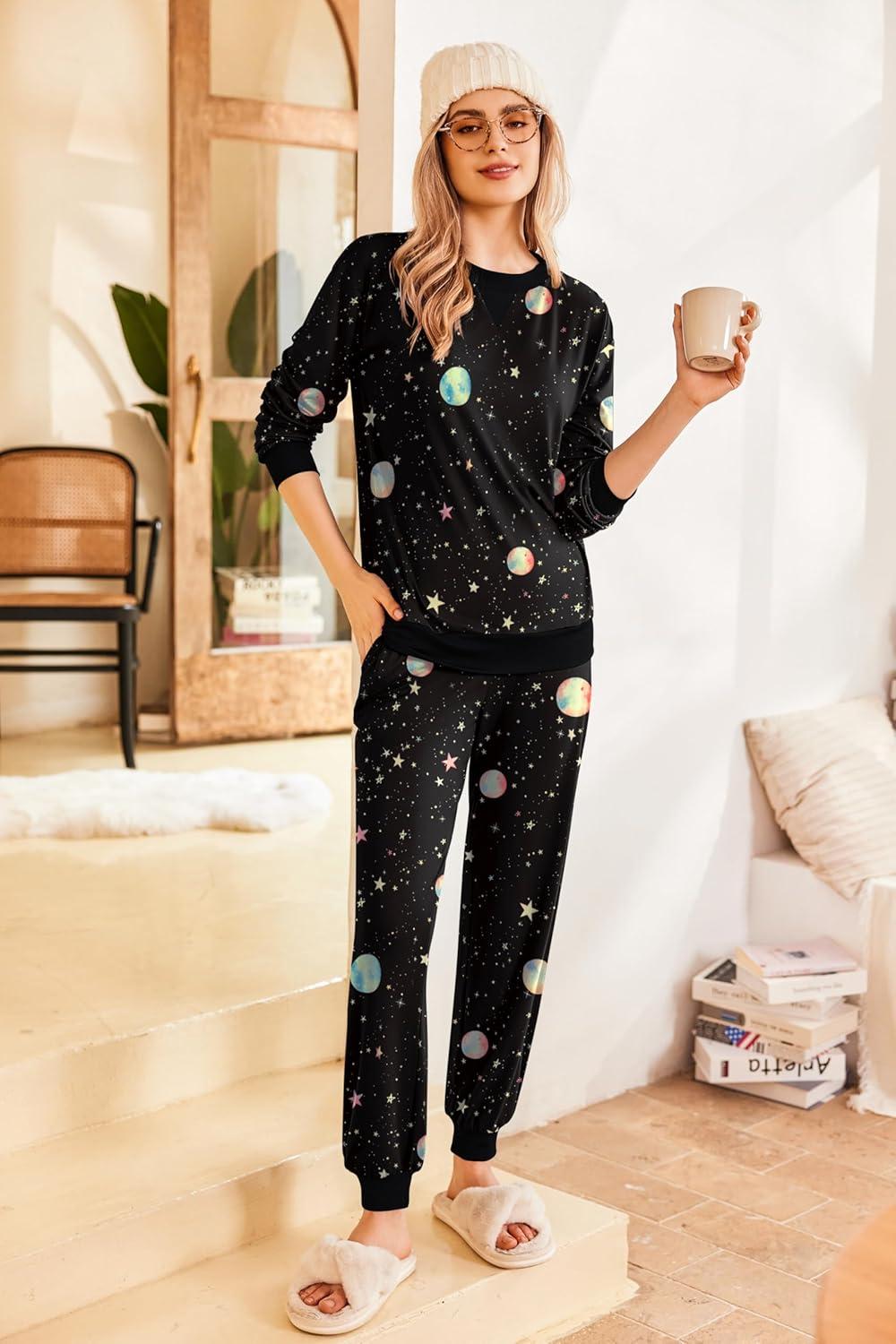 imageEkouaer Pajamas Set Long Sleeve Pj Sets 2 Piece Jogger Pajama Sets Soft Sleepwear Loungewear for WomenBlack Night Sky