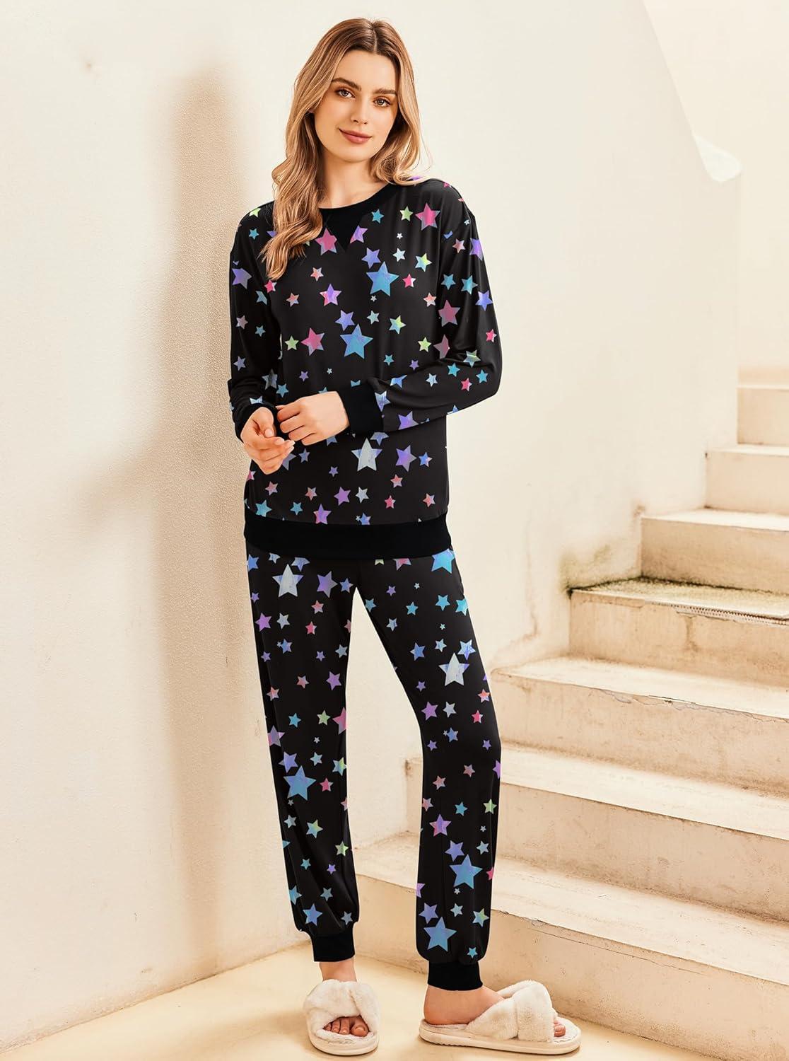 imageEkouaer Pajamas Set Long Sleeve Pj Sets 2 Piece Jogger Pajama Sets Soft Sleepwear Loungewear for WomenBlack Starry