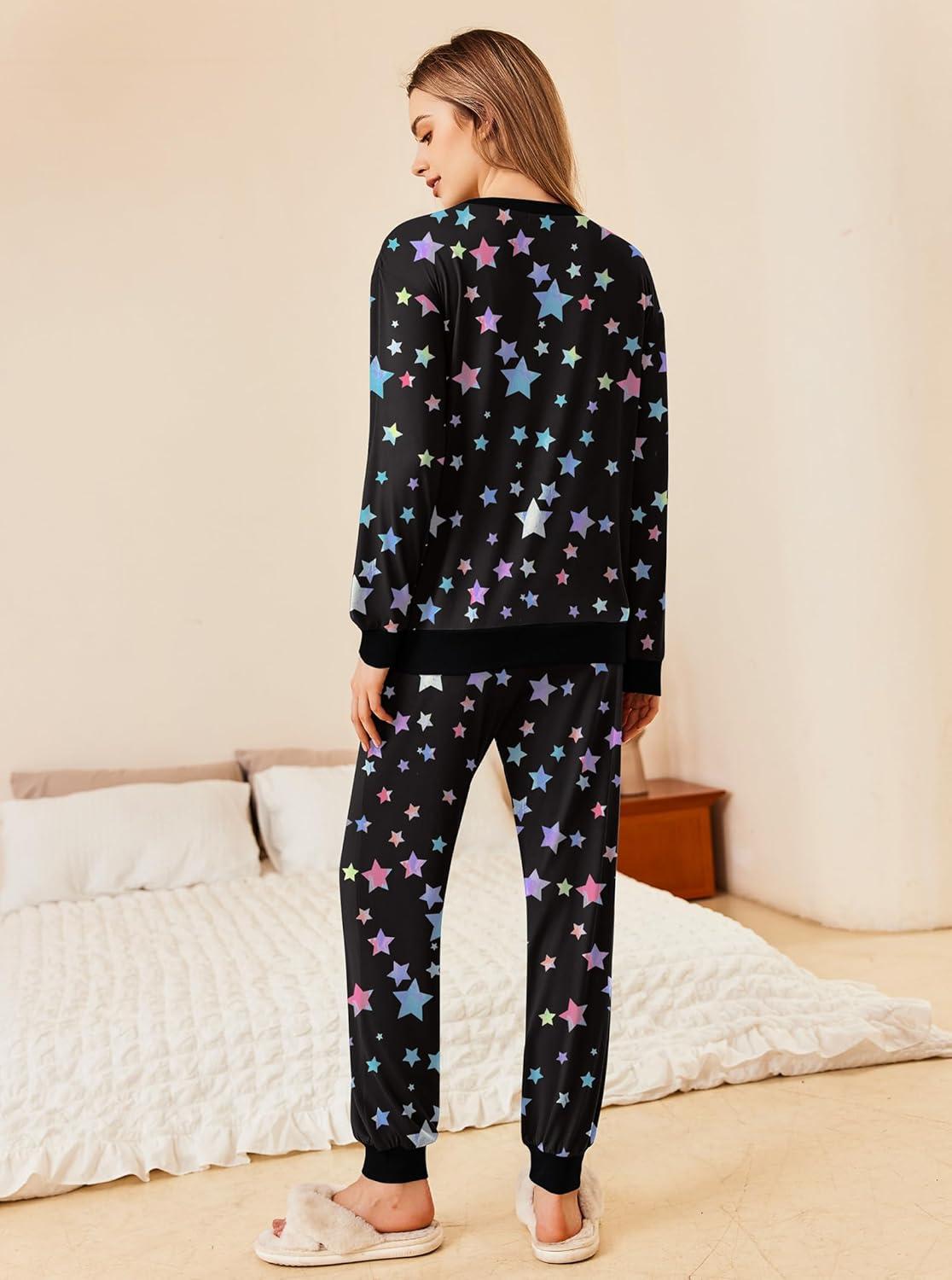 imageEkouaer Pajamas Set Long Sleeve Pj Sets 2 Piece Jogger Pajama Sets Soft Sleepwear Loungewear for WomenBlack Starry