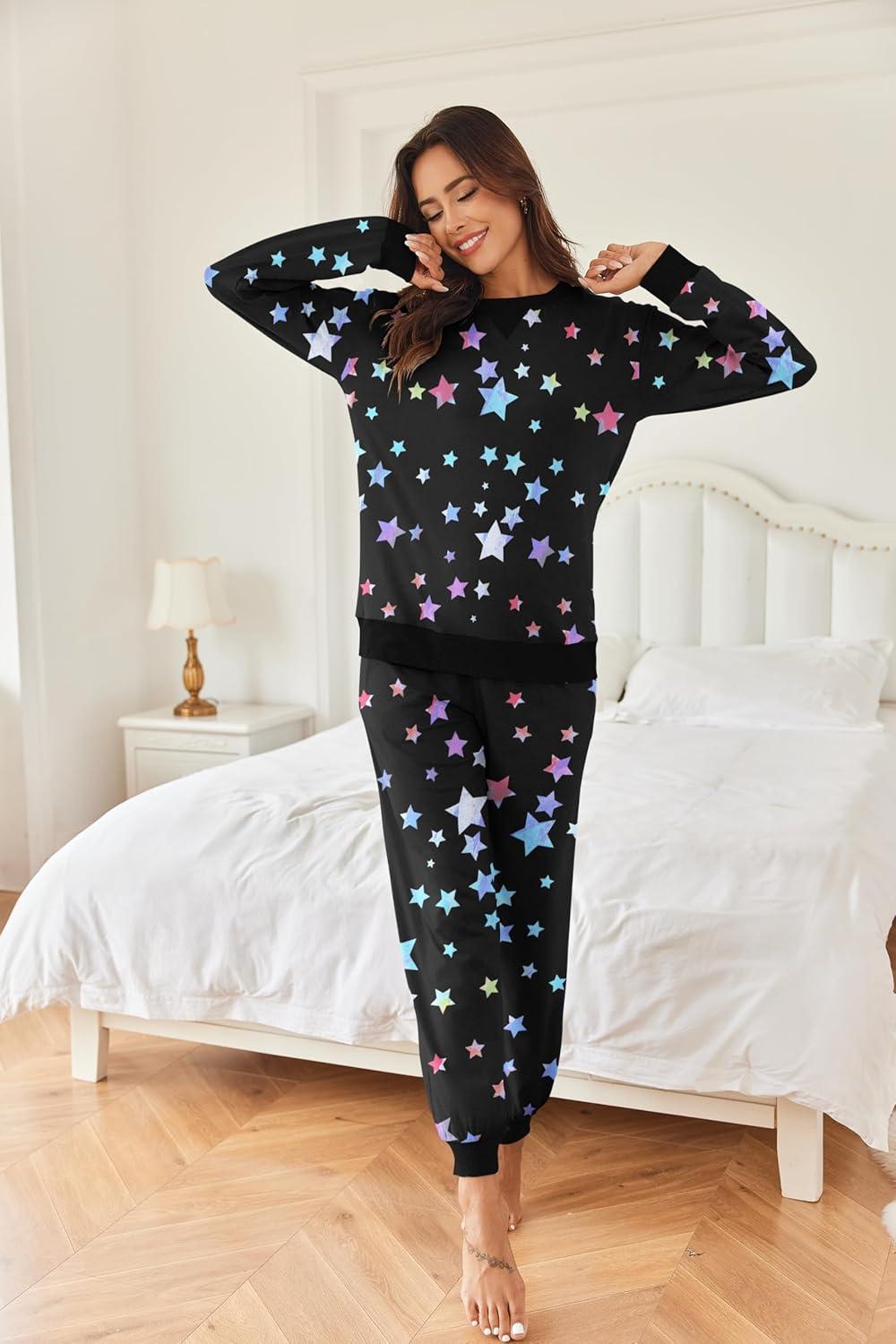 imageEkouaer Pajamas Set Long Sleeve Pj Sets 2 Piece Jogger Pajama Sets Soft Sleepwear Loungewear for WomenBlack Starry