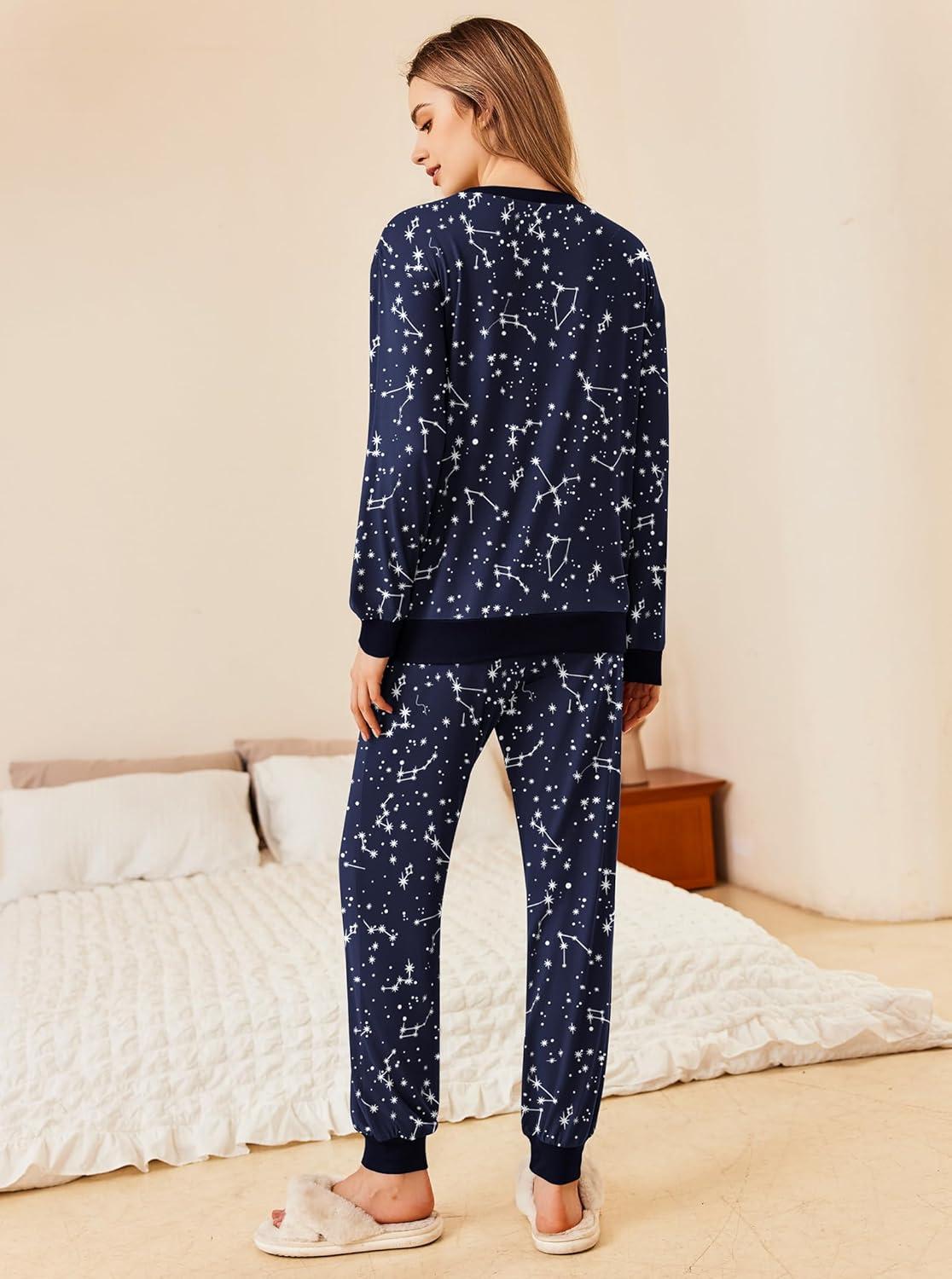 imageEkouaer Pajamas Set Long Sleeve Pj Sets 2 Piece Jogger Pajama Sets Soft Sleepwear Loungewear for WomenBlue Star