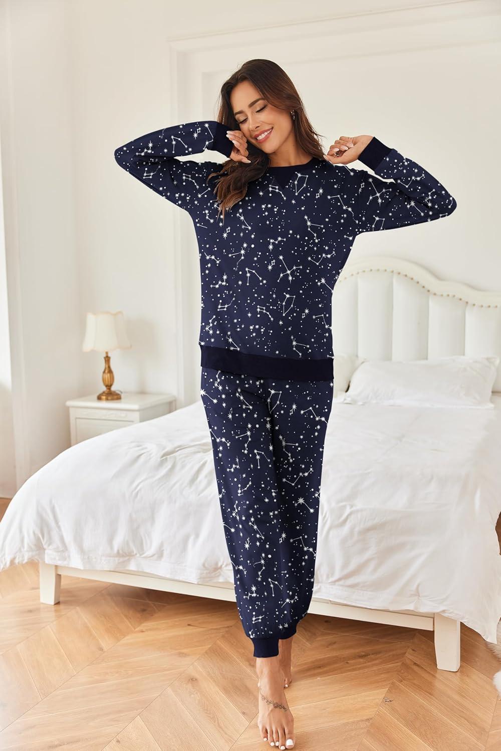 imageEkouaer Pajamas Set Long Sleeve Pj Sets 2 Piece Jogger Pajama Sets Soft Sleepwear Loungewear for WomenBlue Star