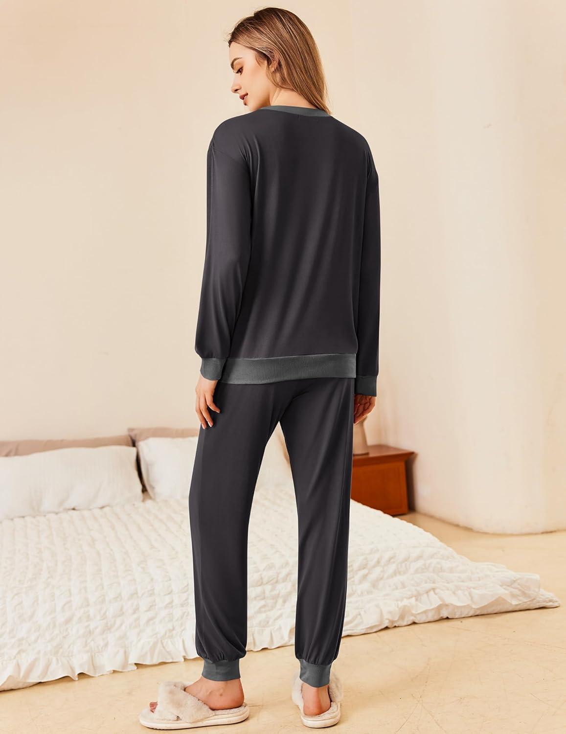 imageEkouaer Pajamas Set Long Sleeve Pj Sets 2 Piece Jogger Pajama Sets Soft Sleepwear Loungewear for WomenDark Grey