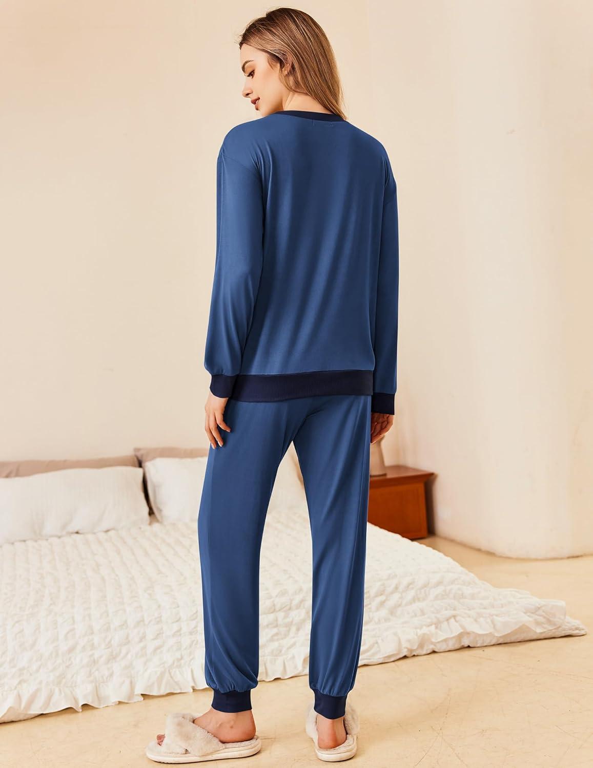 imageEkouaer Pajamas Set Long Sleeve Pj Sets 2 Piece Jogger Pajama Sets Soft Sleepwear Loungewear for WomenDeep Blue