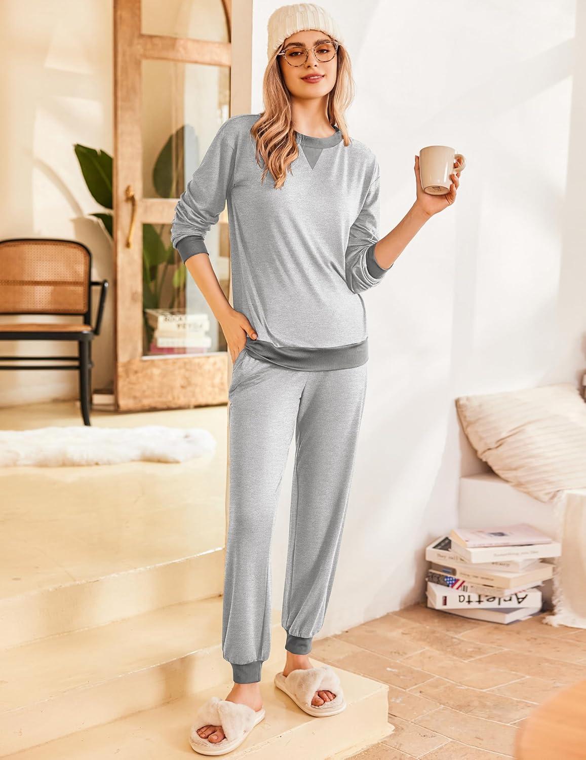 imageEkouaer Pajamas Set Long Sleeve Pj Sets 2 Piece Jogger Pajama Sets Soft Sleepwear Loungewear for WomenGrey
