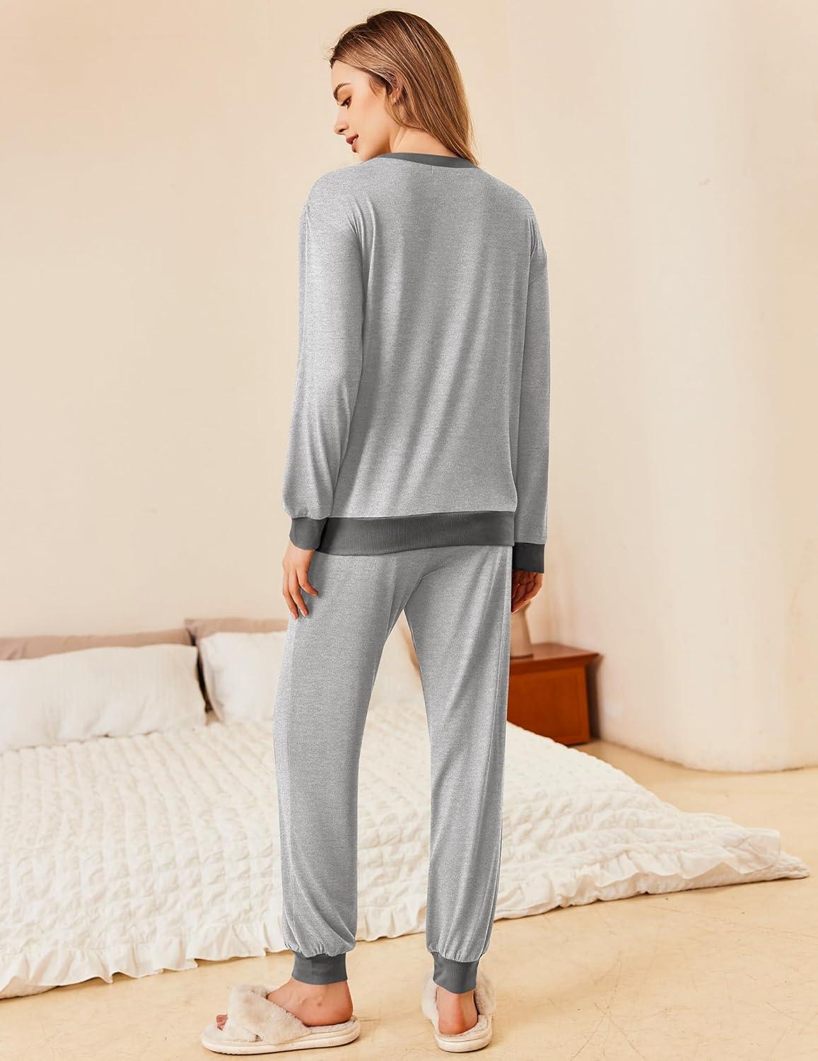 imageEkouaer Pajamas Set Long Sleeve Pj Sets 2 Piece Jogger Pajama Sets Soft Sleepwear Loungewear for WomenGrey