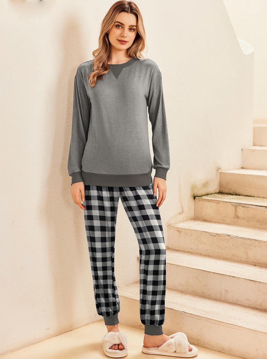 imageEkouaer Pajamas Set Long Sleeve Pj Sets 2 Piece Jogger Pajama Sets Soft Sleepwear Loungewear for WomenGrey Plaid