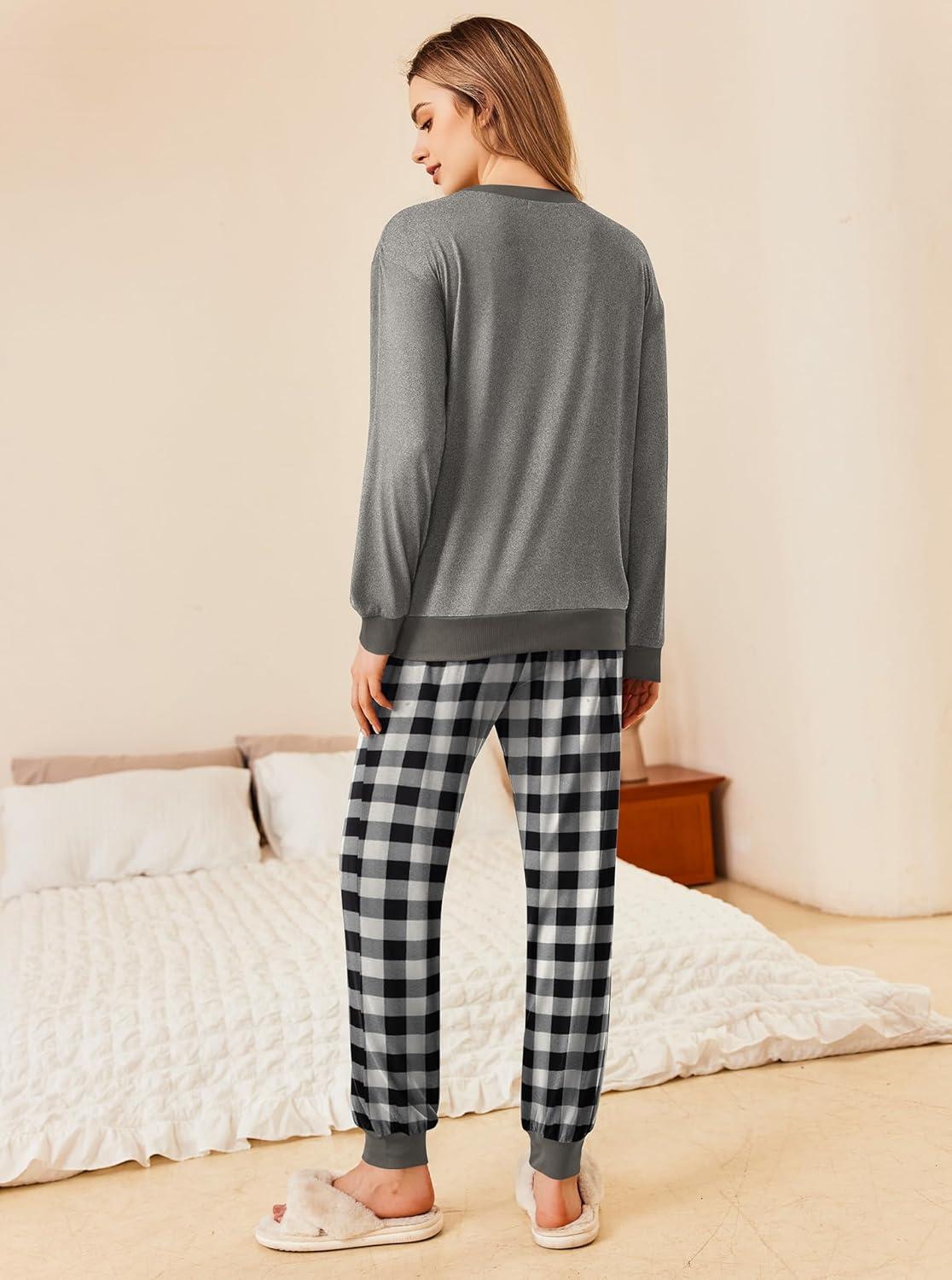 imageEkouaer Pajamas Set Long Sleeve Pj Sets 2 Piece Jogger Pajama Sets Soft Sleepwear Loungewear for WomenGrey Plaid
