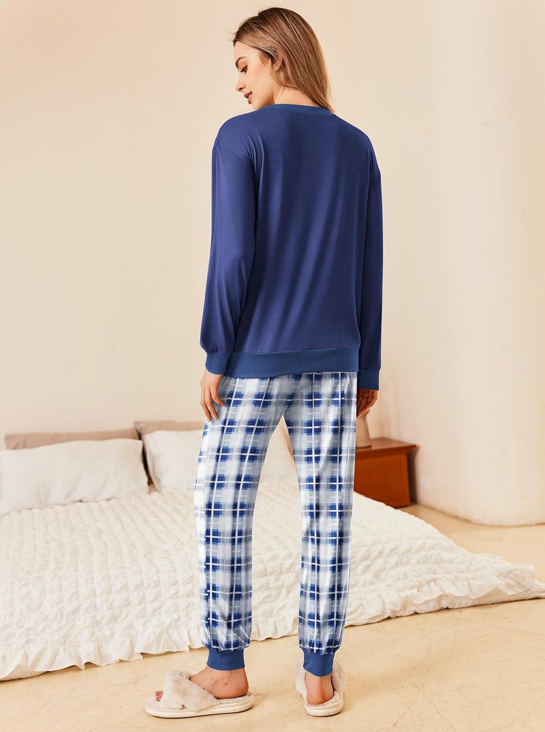 imageEkouaer Pajamas Set Long Sleeve Pj Sets 2 Piece Jogger Pajama Sets Soft Sleepwear Loungewear for WomenNavy Blue Plaid