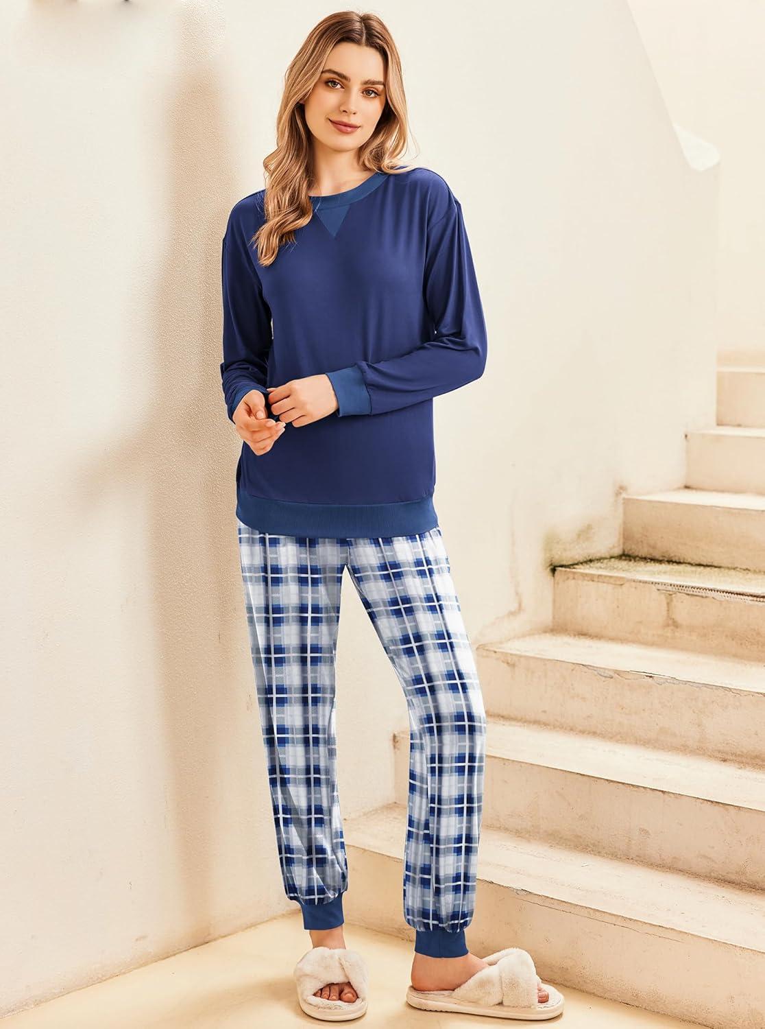 imageEkouaer Pajamas Set Long Sleeve Pj Sets 2 Piece Jogger Pajama Sets Soft Sleepwear Loungewear for WomenNavy Blue Plaid