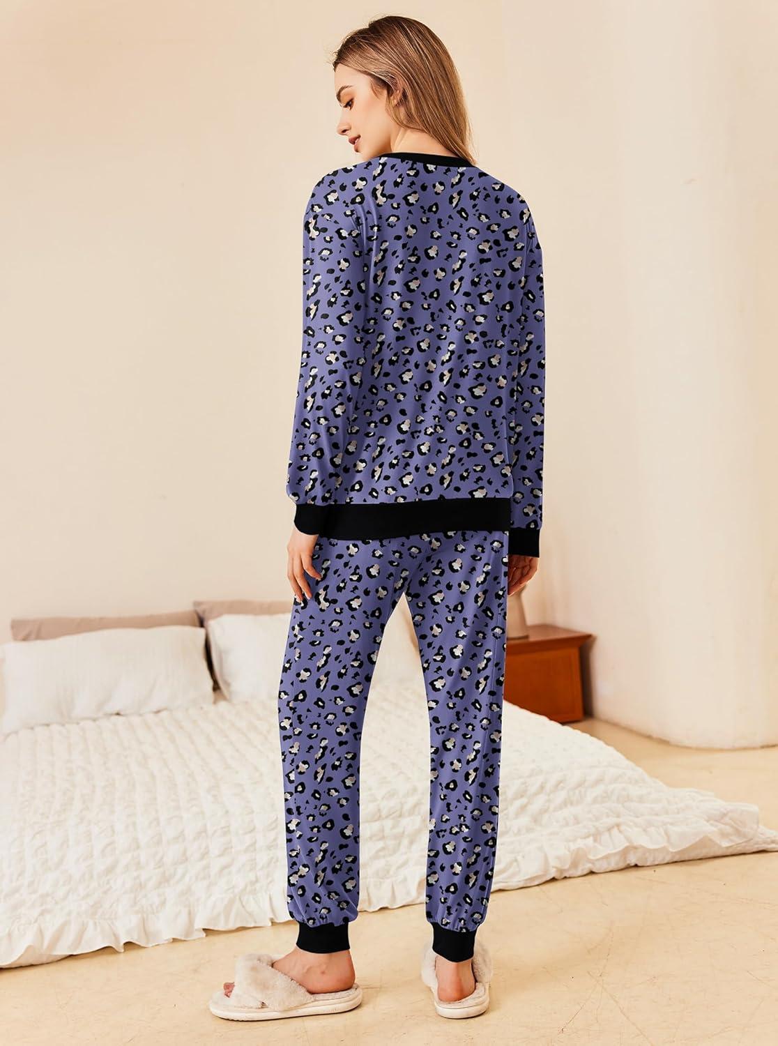 imageEkouaer Pajamas Set Long Sleeve Pj Sets 2 Piece Jogger Pajama Sets Soft Sleepwear Loungewear for WomenPurple Leopard