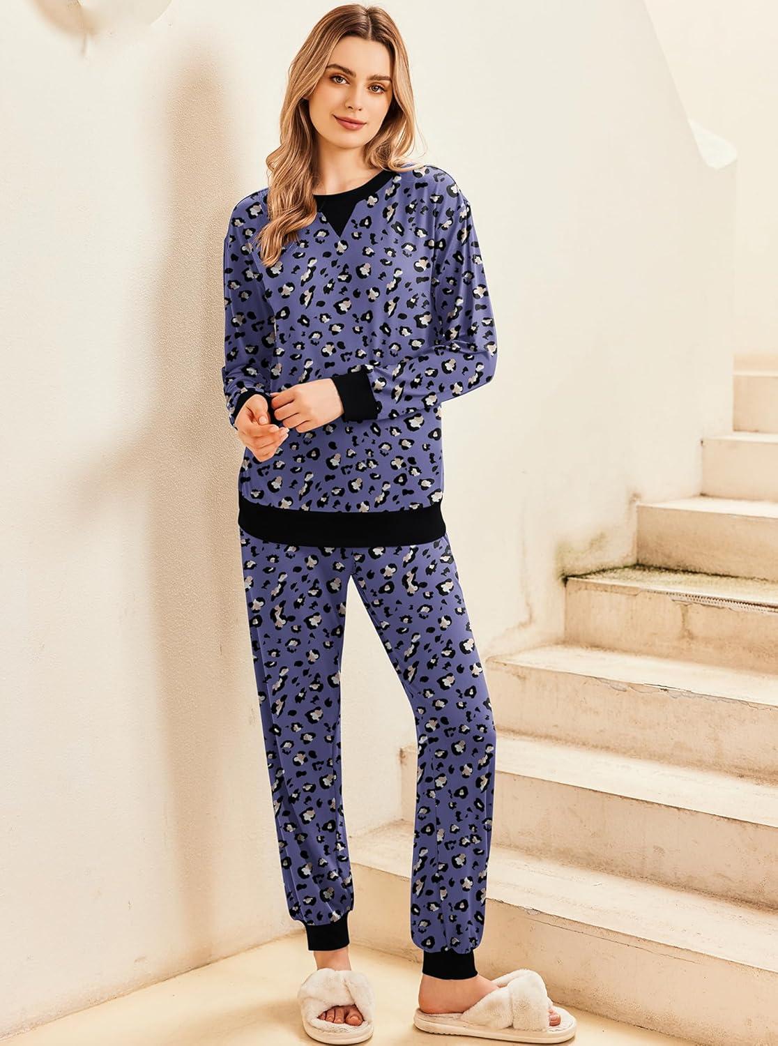 imageEkouaer Pajamas Set Long Sleeve Pj Sets 2 Piece Jogger Pajama Sets Soft Sleepwear Loungewear for WomenPurple Leopard