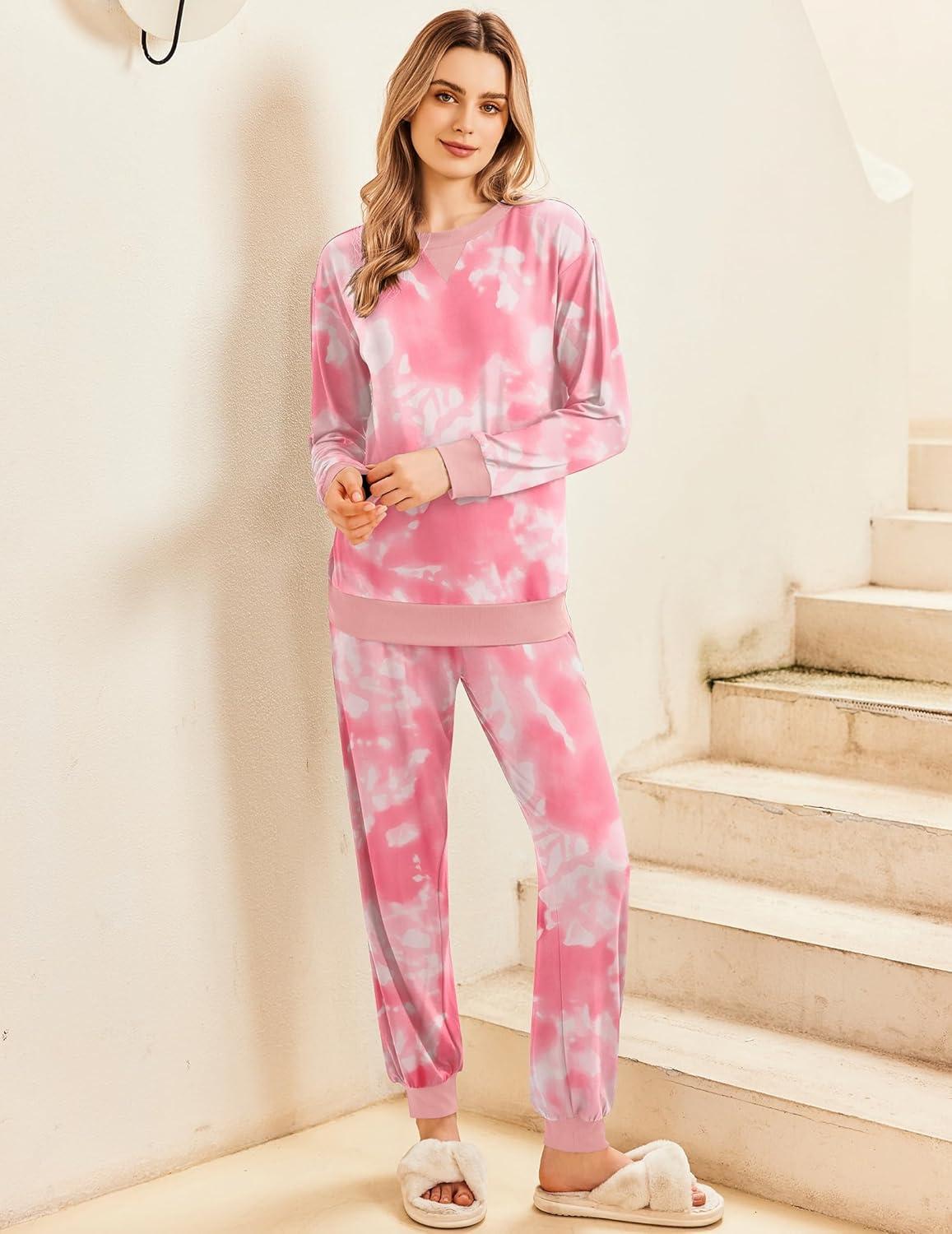 imageEkouaer Pajamas Set Long Sleeve Pj Sets 2 Piece Jogger Pajama Sets Soft Sleepwear Loungewear for WomenTie Dye Pink White