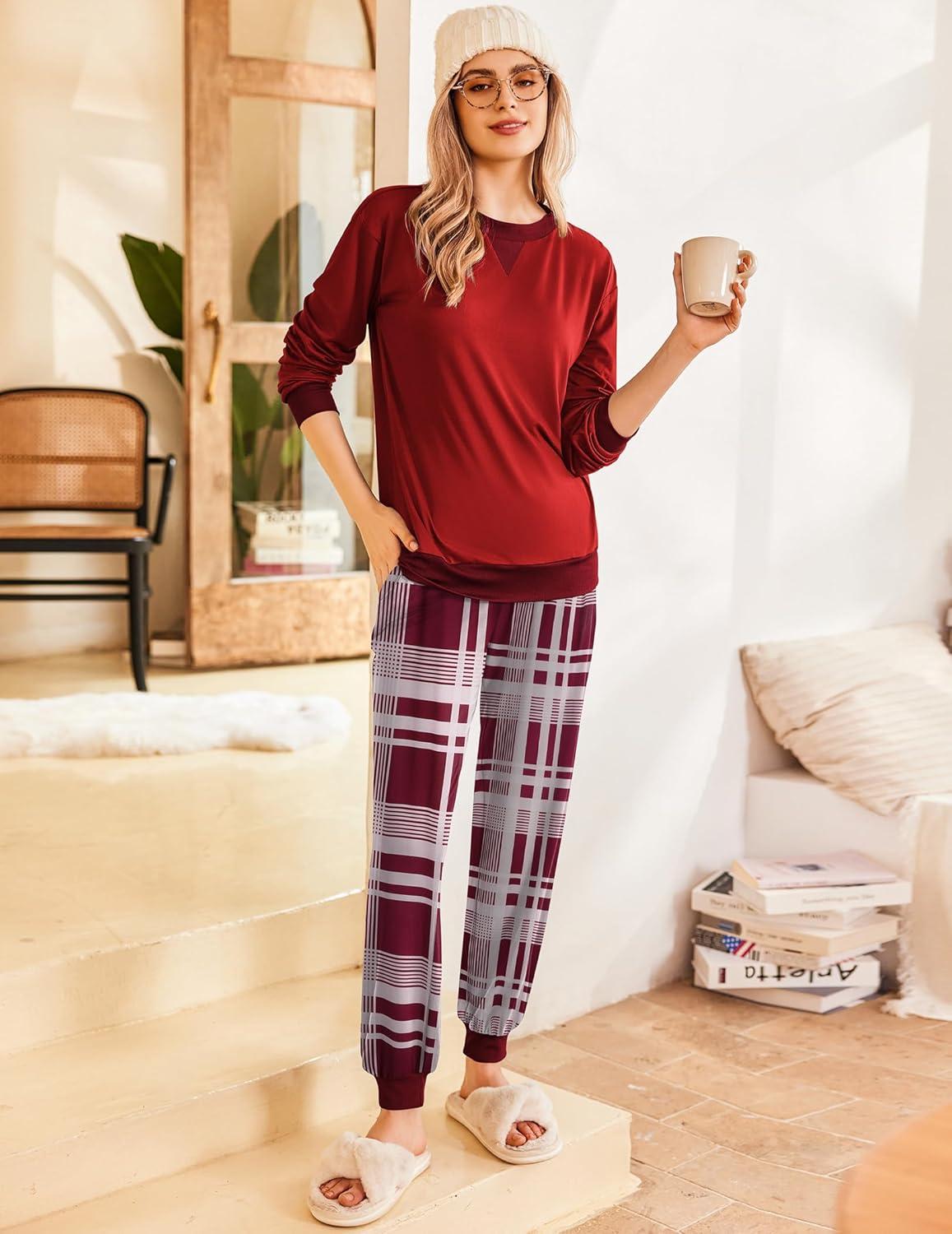 imageEkouaer Pajamas Set Long Sleeve Pj Sets 2 Piece Jogger Pajama Sets Soft Sleepwear Loungewear for WomenWine Red Plaid