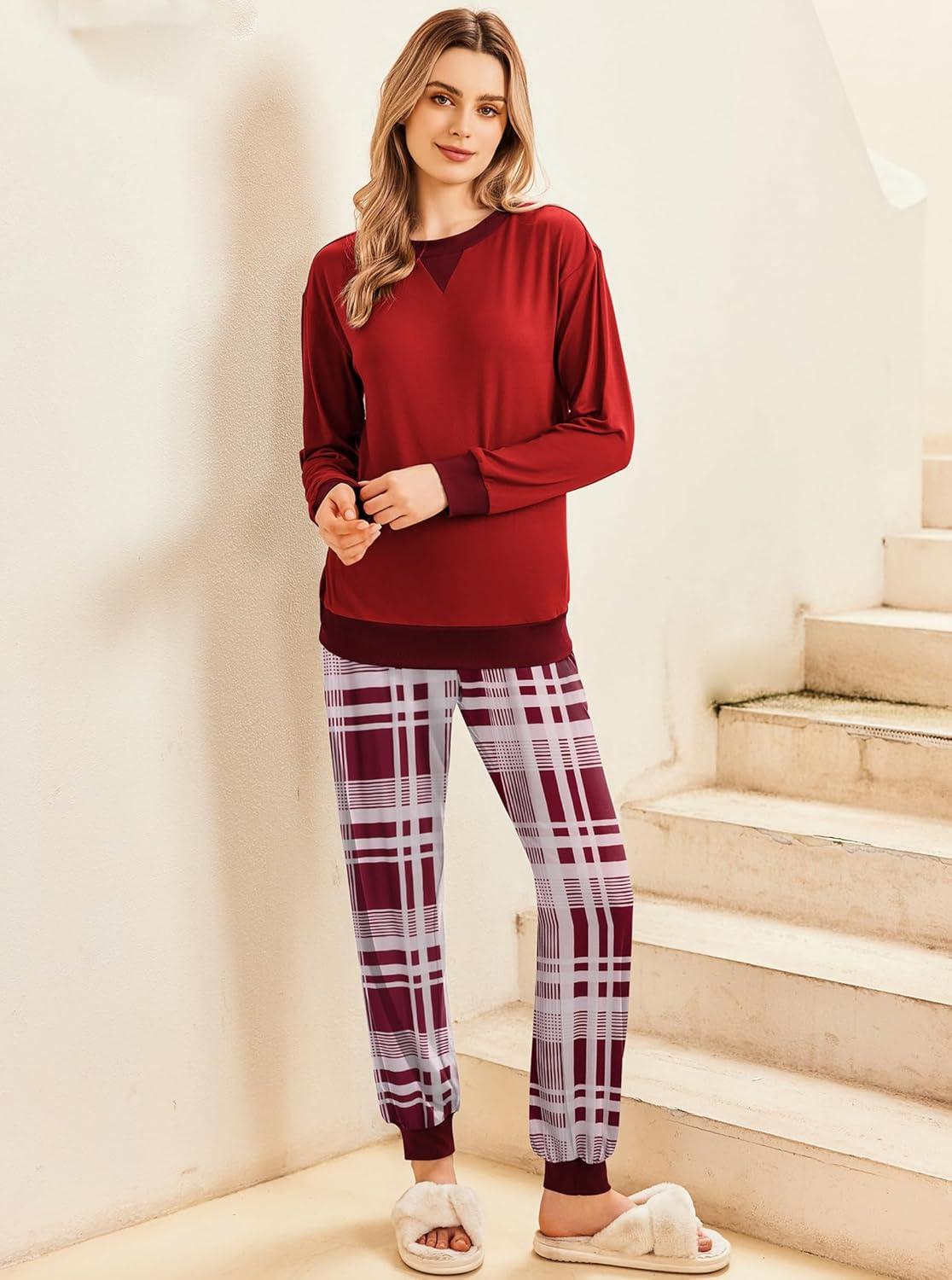 imageEkouaer Pajamas Set Long Sleeve Pj Sets 2 Piece Jogger Pajama Sets Soft Sleepwear Loungewear for WomenWine Red Plaid
