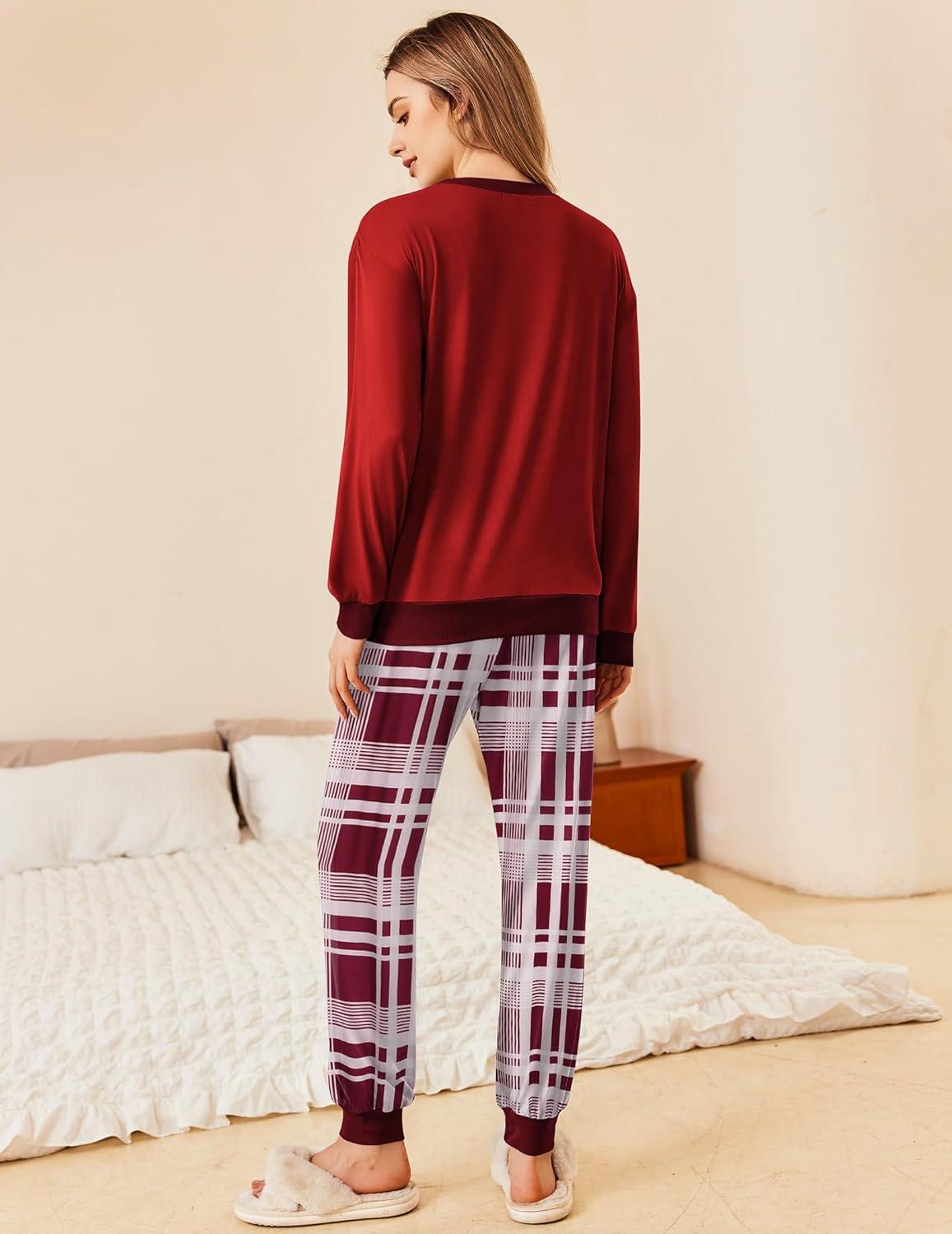 imageEkouaer Pajamas Set Long Sleeve Pj Sets 2 Piece Jogger Pajama Sets Soft Sleepwear Loungewear for WomenWine Red Plaid