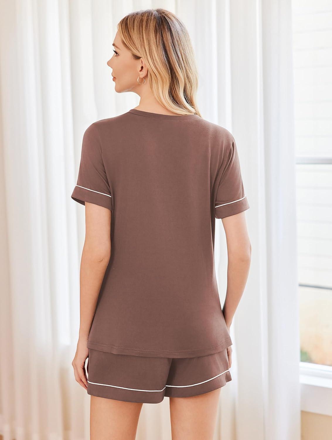 imageEkouaer Pajamas for Women Set 2 Piece Short Sleeve Sleepwear Summer Tops and Shorts Pjs Lounge Set SXXLBrown