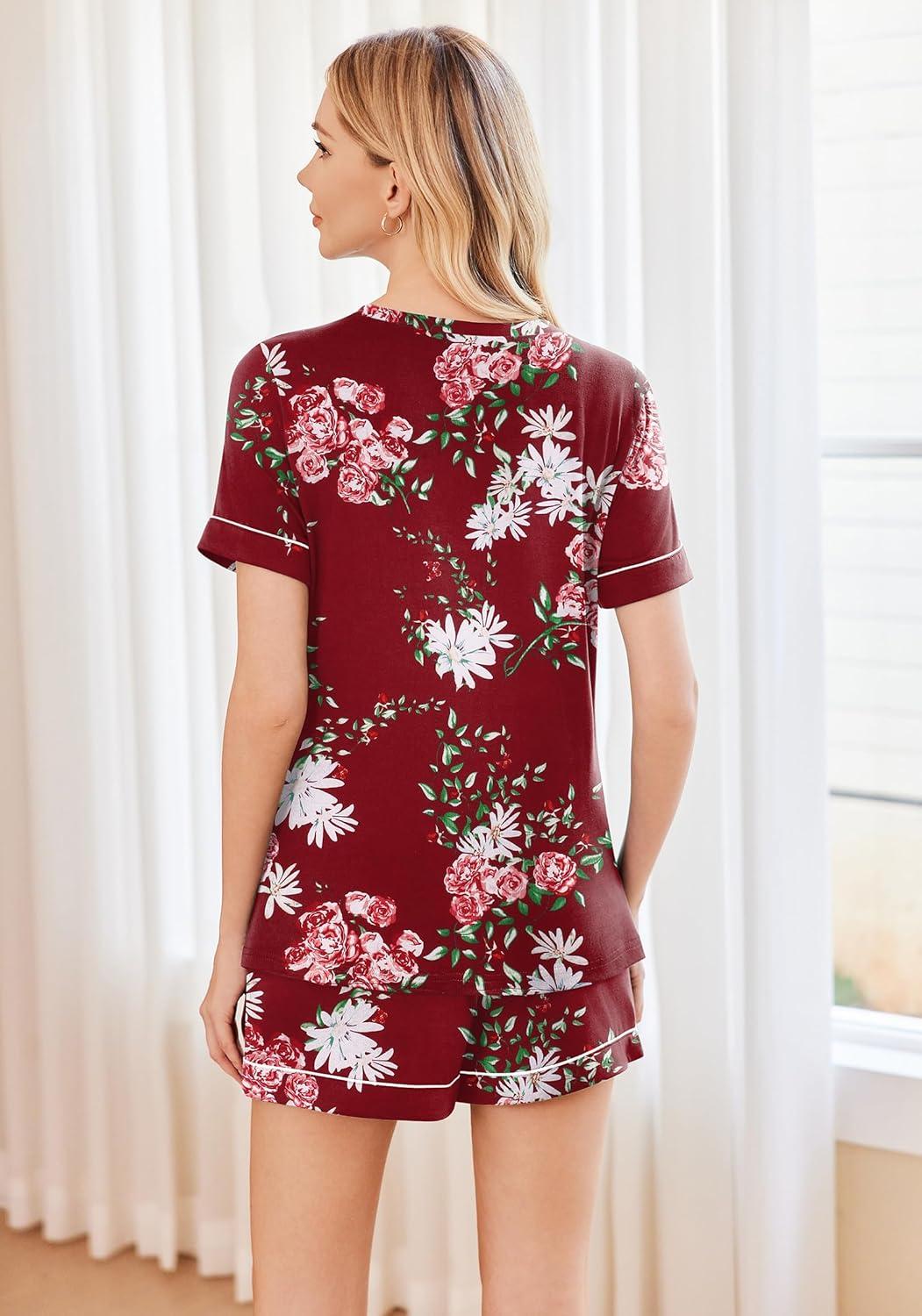 imageEkouaer Pajamas for Women Set 2 Piece Short Sleeve Sleepwear Summer Tops and Shorts Pjs Lounge Set SXXLFloral Wine
