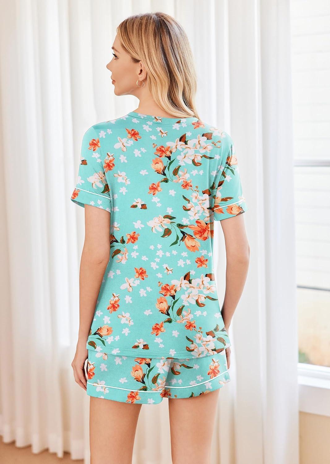 imageEkouaer Pajamas for Women Set 2 Piece Short Sleeve Sleepwear Summer Tops and Shorts Pjs Lounge Set SXXLGreen Flowers