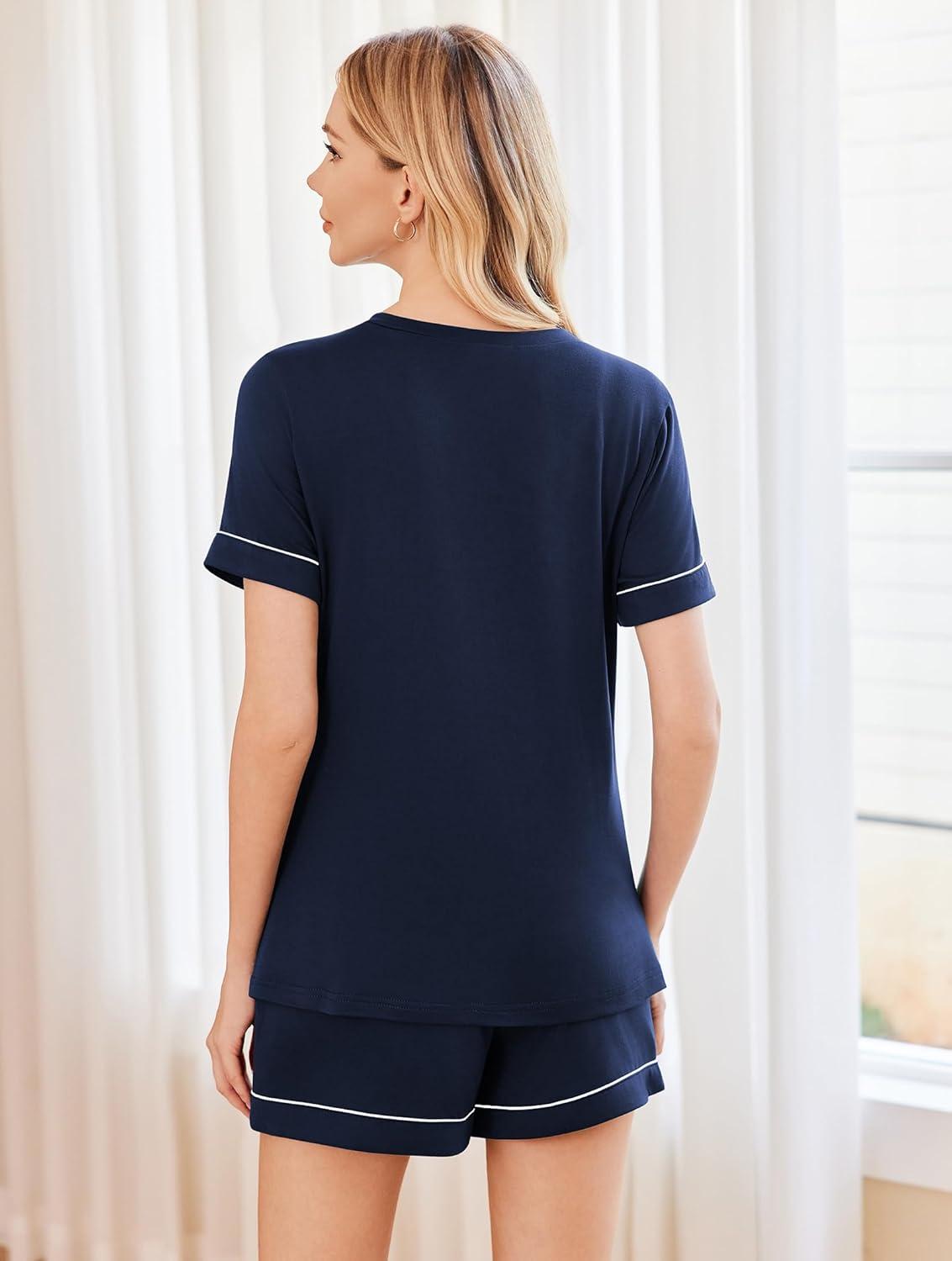imageEkouaer Pajamas for Women Set 2 Piece Short Sleeve Sleepwear Summer Tops and Shorts Pjs Lounge Set SXXLNavy