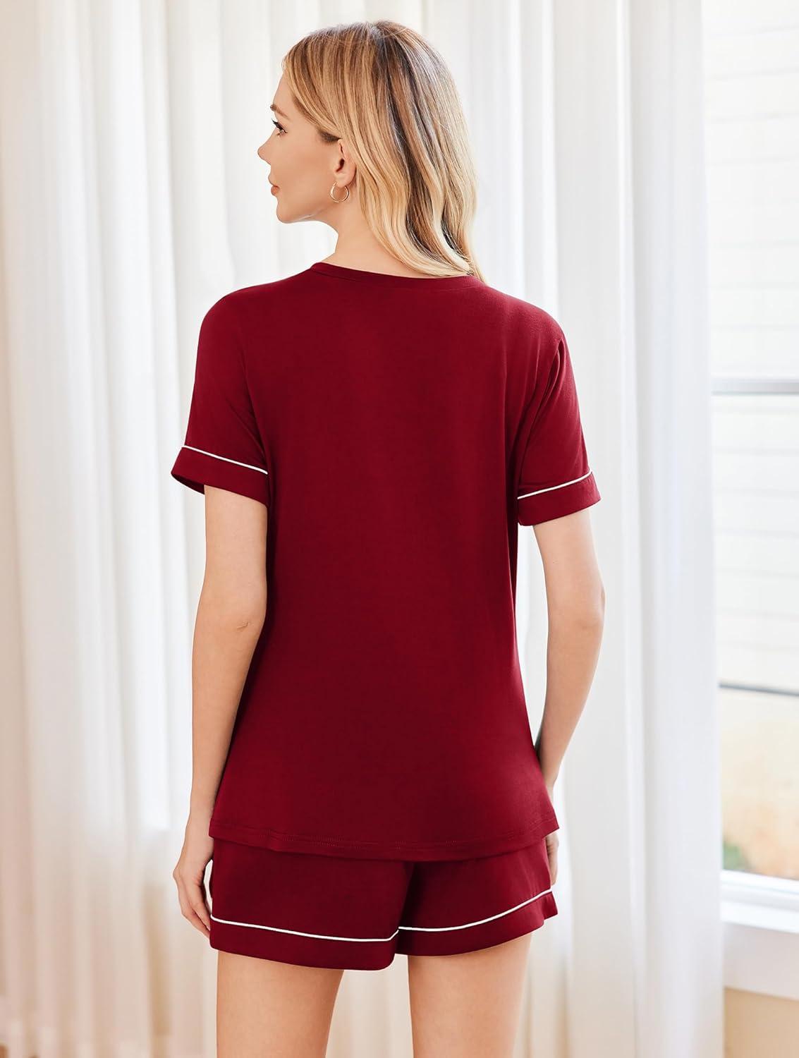 imageEkouaer Pajamas for Women Set 2 Piece Short Sleeve Sleepwear Summer Tops and Shorts Pjs Lounge Set SXXLWine