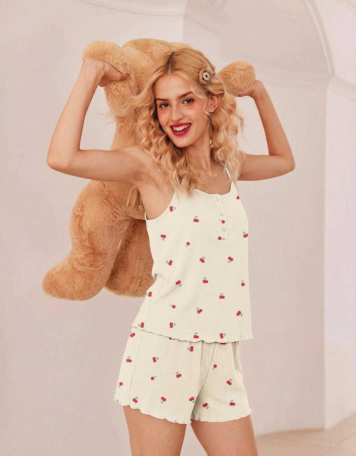 imageEkouaer Pajamas for Women Set Lingerie Pjs 2 Piece Cami Sleepwear Ribbed Knit Shorts SetCherry