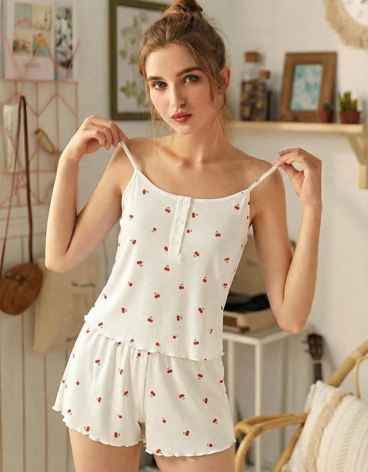 imageEkouaer Pajamas for Women Set Lingerie Pjs 2 Piece Cami Sleepwear Ribbed Knit Shorts SetCherry