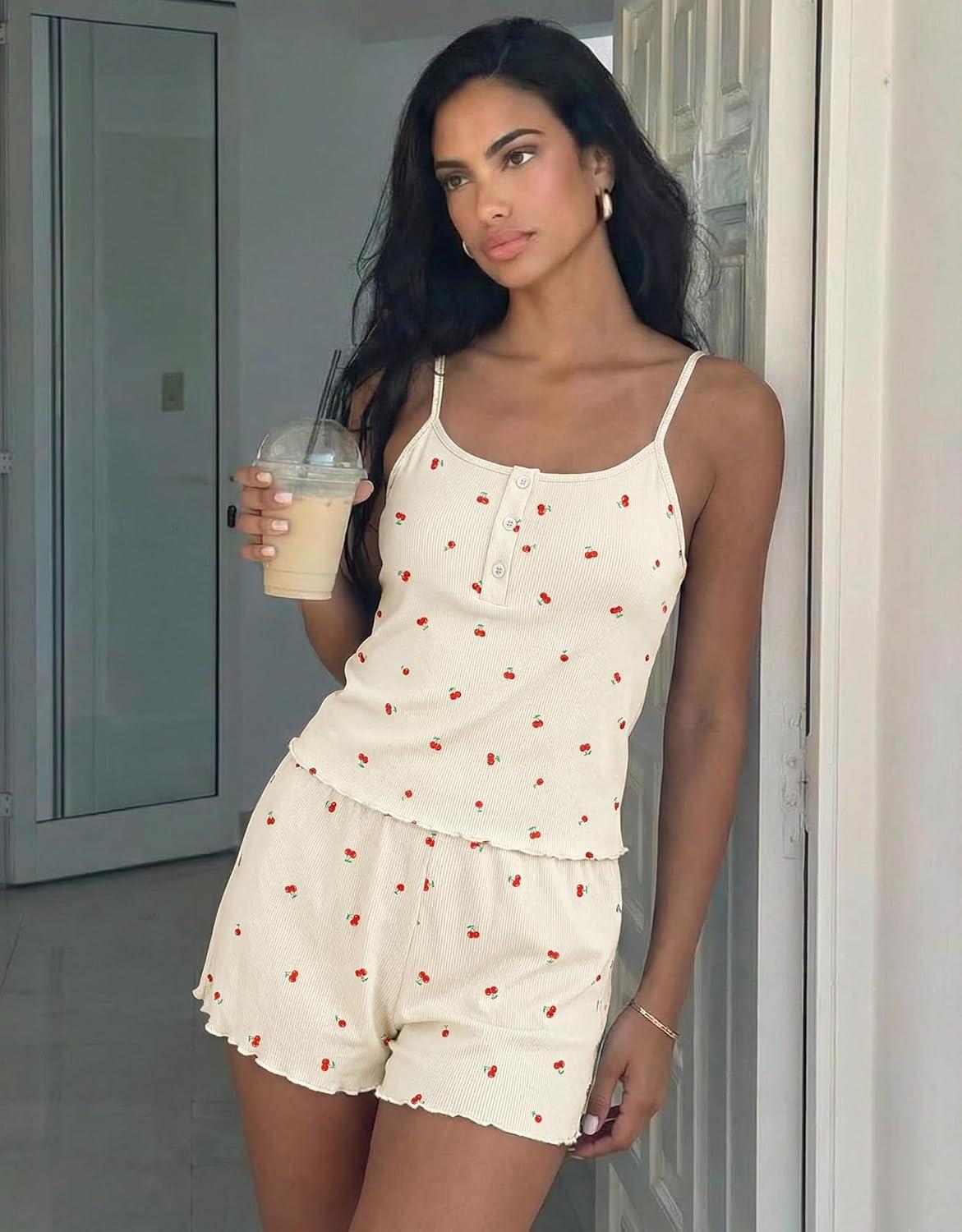 imageEkouaer Pajamas for Women Set Lingerie Pjs 2 Piece Cami Sleepwear Ribbed Knit Shorts SetCherry