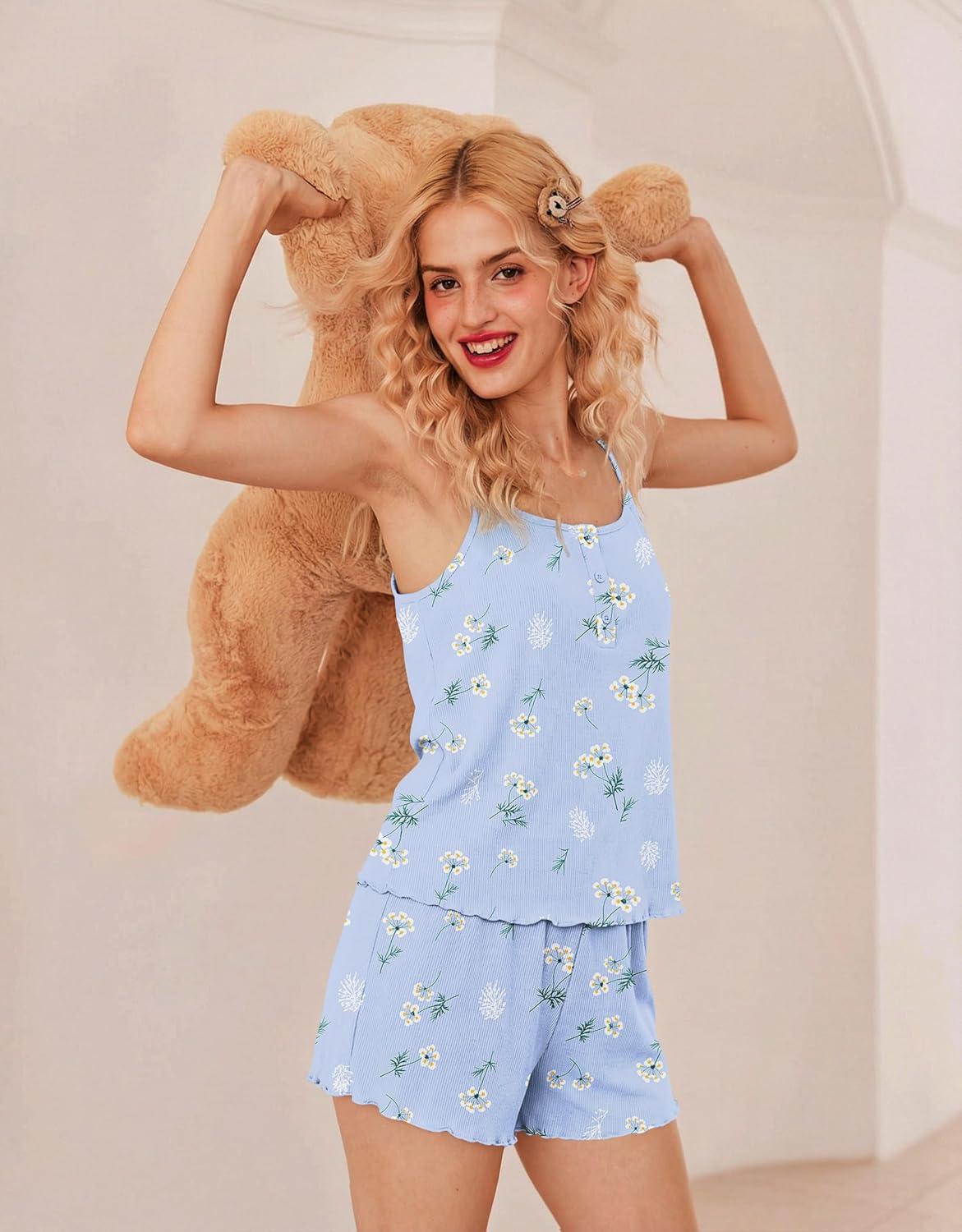 imageEkouaer Pajamas for Women Set Lingerie Pjs 2 Piece Cami Sleepwear Ribbed Knit Shorts SetFloral