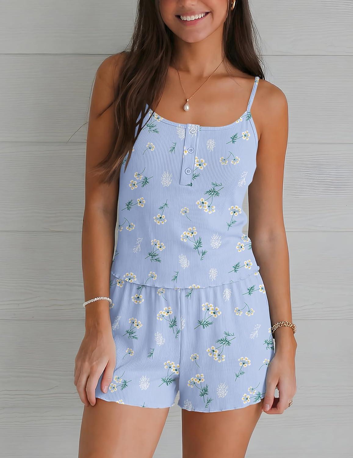 imageEkouaer Pajamas for Women Set Lingerie Pjs 2 Piece Cami Sleepwear Ribbed Knit Shorts SetFloral