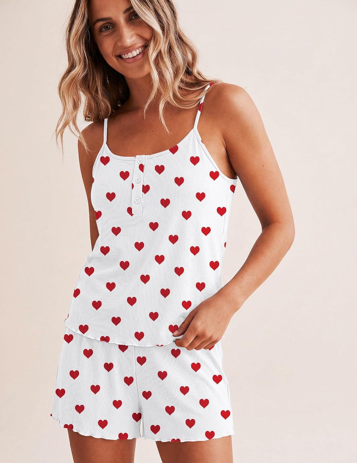 imageEkouaer Pajamas for Women Set Lingerie Pjs 2 Piece Cami Sleepwear Ribbed Knit Shorts SetHearts