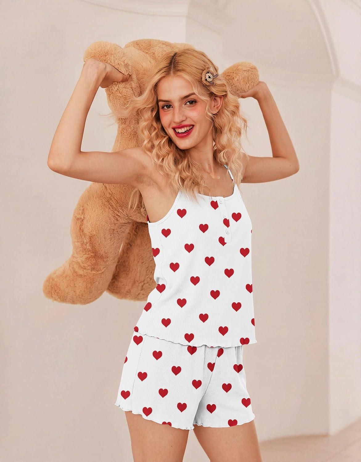 imageEkouaer Pajamas for Women Set Lingerie Pjs 2 Piece Cami Sleepwear Ribbed Knit Shorts SetHearts