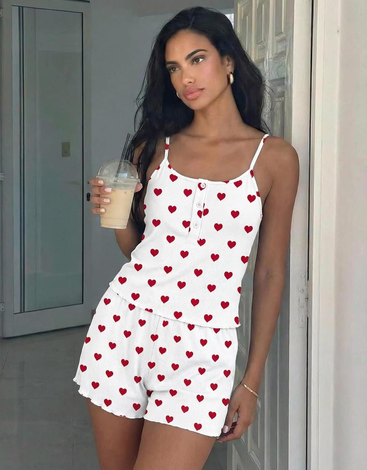 imageEkouaer Pajamas for Women Set Lingerie Pjs 2 Piece Cami Sleepwear Ribbed Knit Shorts SetHearts
