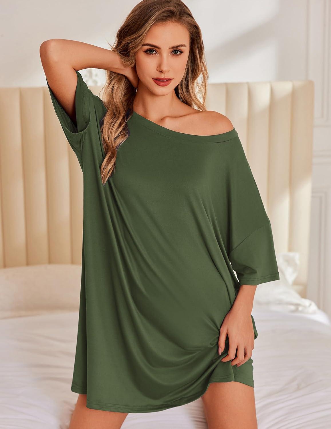 imageEkouaer Plus Size Nightgowns for Women Oversized Sleep Shirt Short Sleeve Nightshirt TShirt Dress Sleepwear S5XLArmy Green