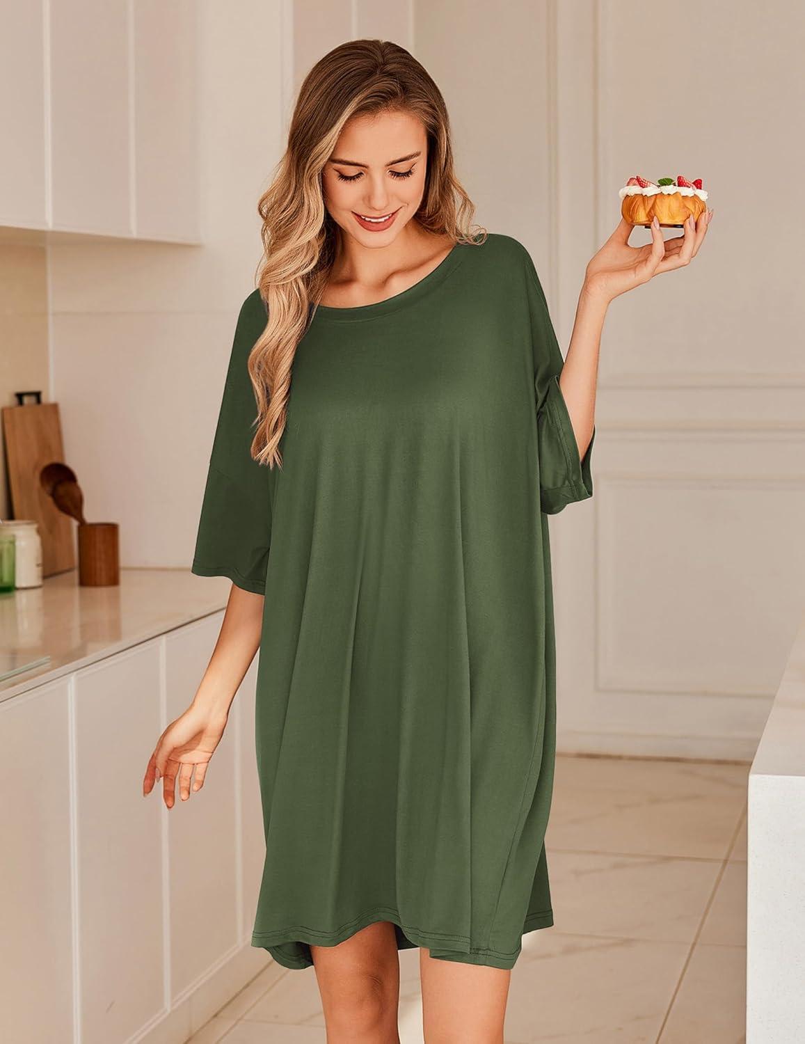 imageEkouaer Plus Size Nightgowns for Women Oversized Sleep Shirt Short Sleeve Nightshirt TShirt Dress Sleepwear S5XLArmy Green