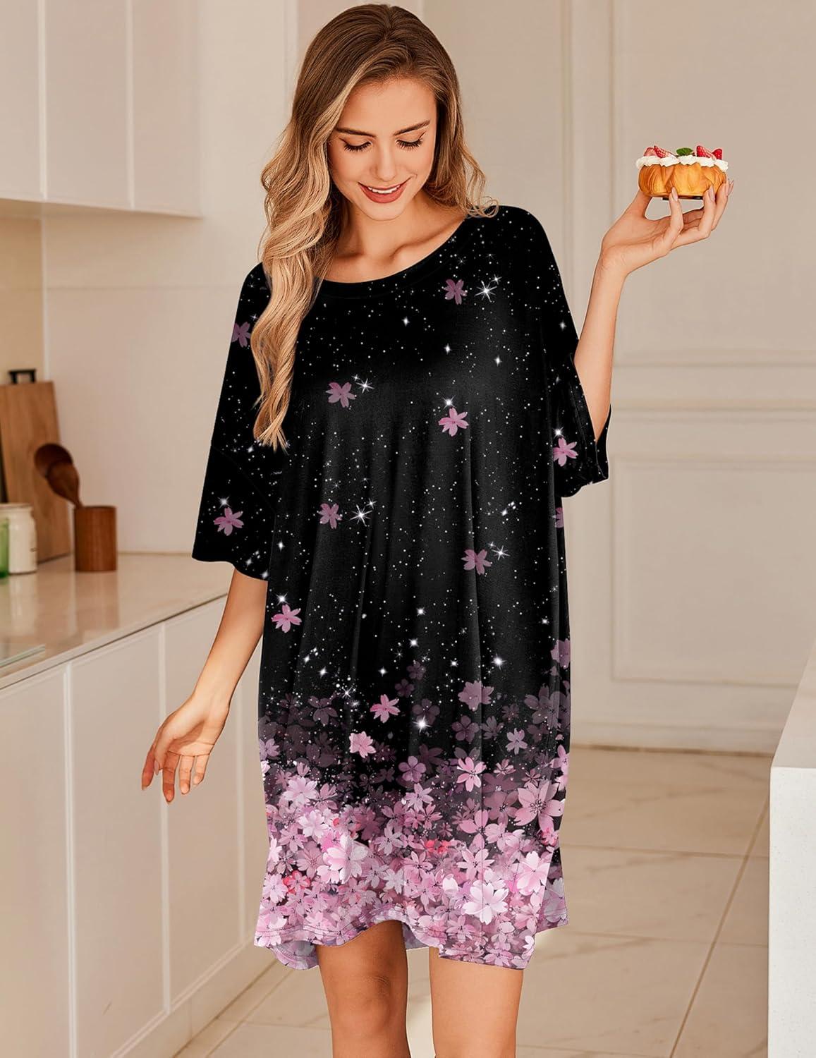 imageEkouaer Plus Size Nightgowns for Women Oversized Sleep Shirt Short Sleeve Nightshirt TShirt Dress Sleepwear S5XLBlack Flower