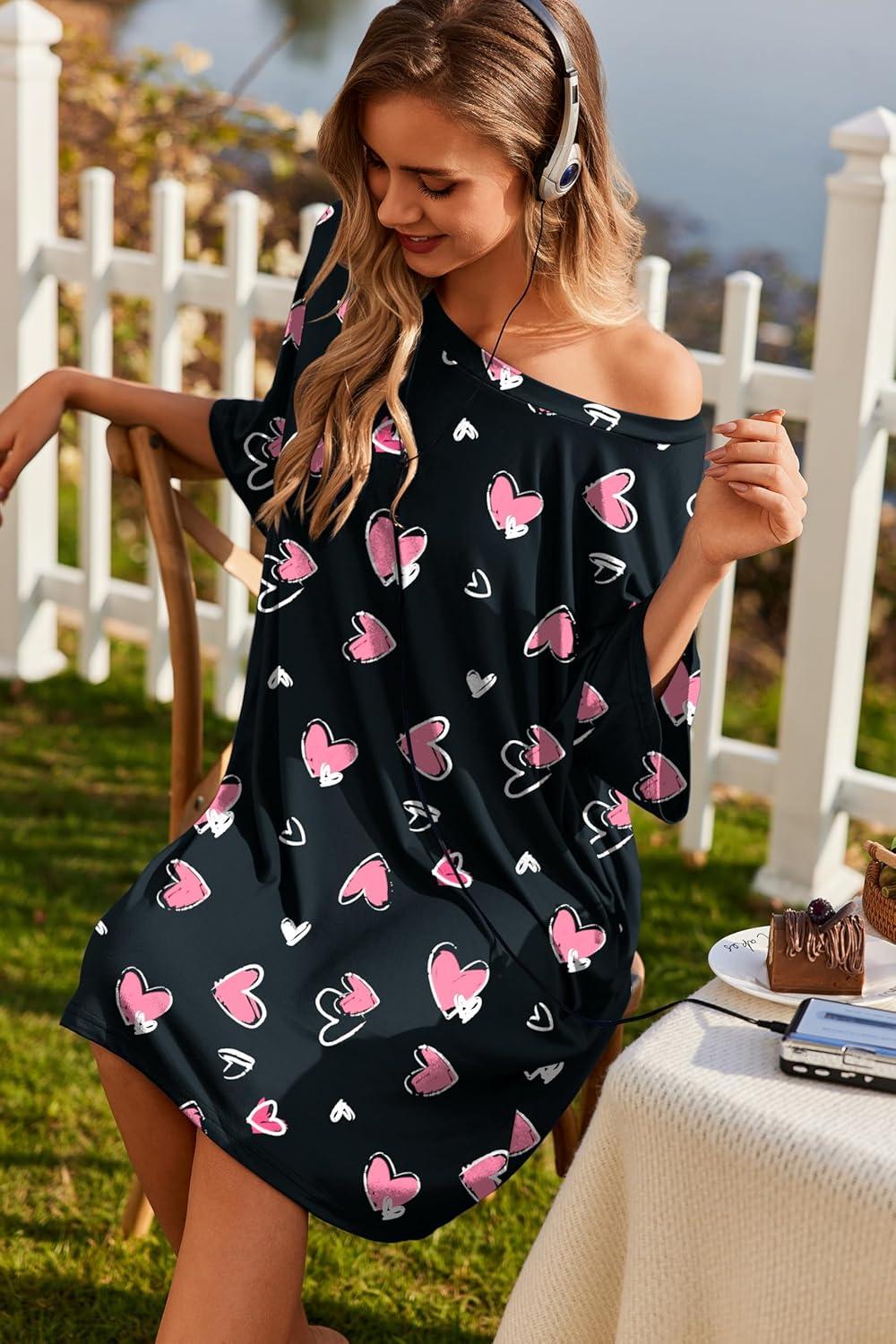 imageEkouaer Plus Size Nightgowns for Women Oversized Sleep Shirt Short Sleeve Nightshirt TShirt Dress Sleepwear S5XLBlack Heart
