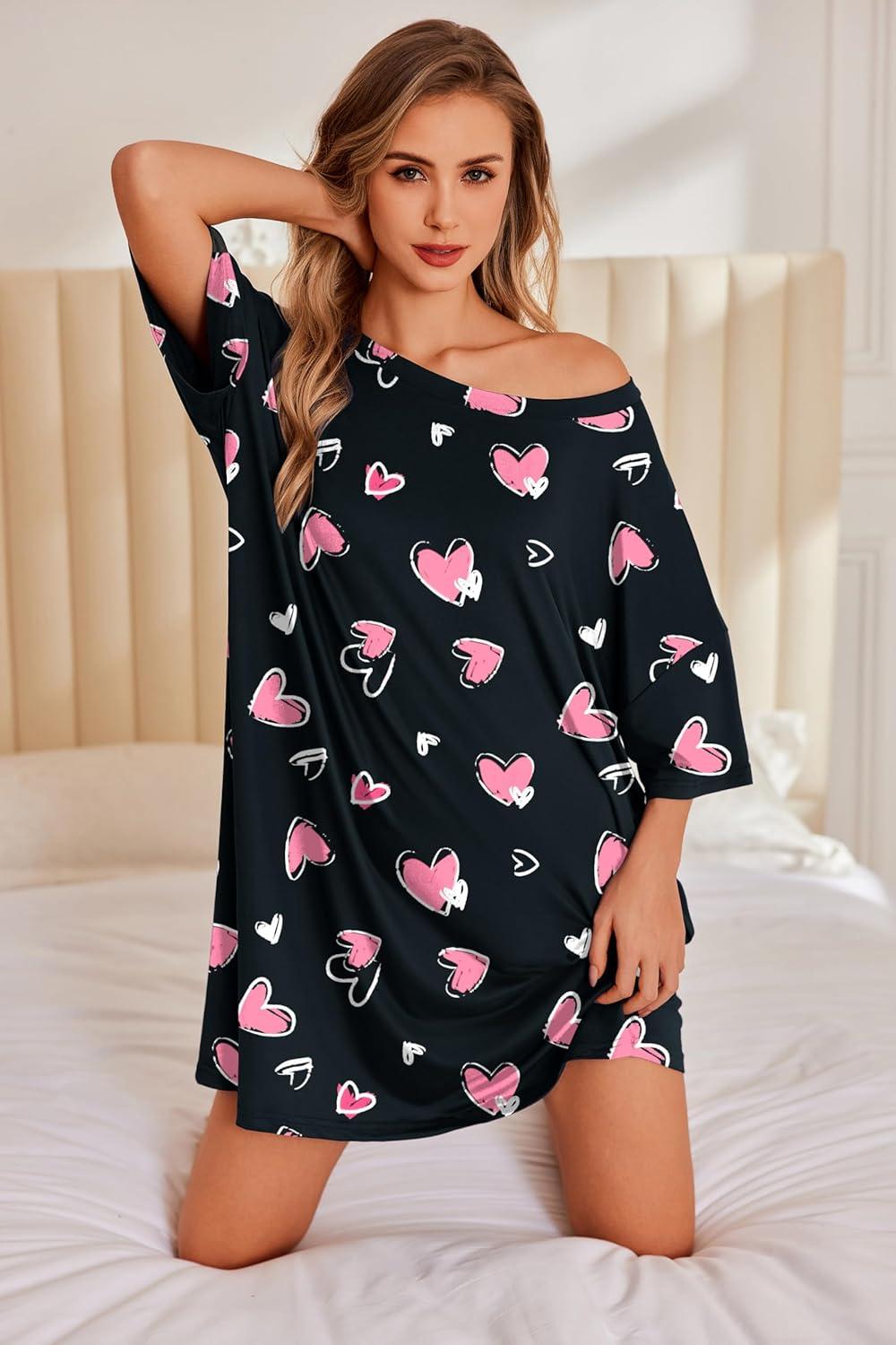 imageEkouaer Plus Size Nightgowns for Women Oversized Sleep Shirt Short Sleeve Nightshirt TShirt Dress Sleepwear S5XLBlack Heart