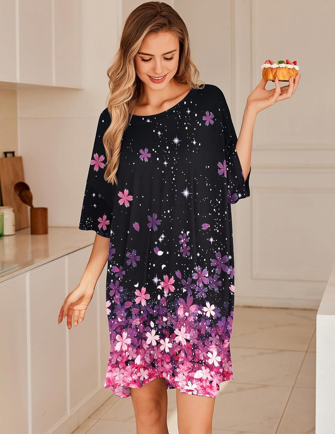 imageEkouaer Plus Size Nightgowns for Women Oversized Sleep Shirt Short Sleeve Nightshirt TShirt Dress Sleepwear S5XLBlack Sakura